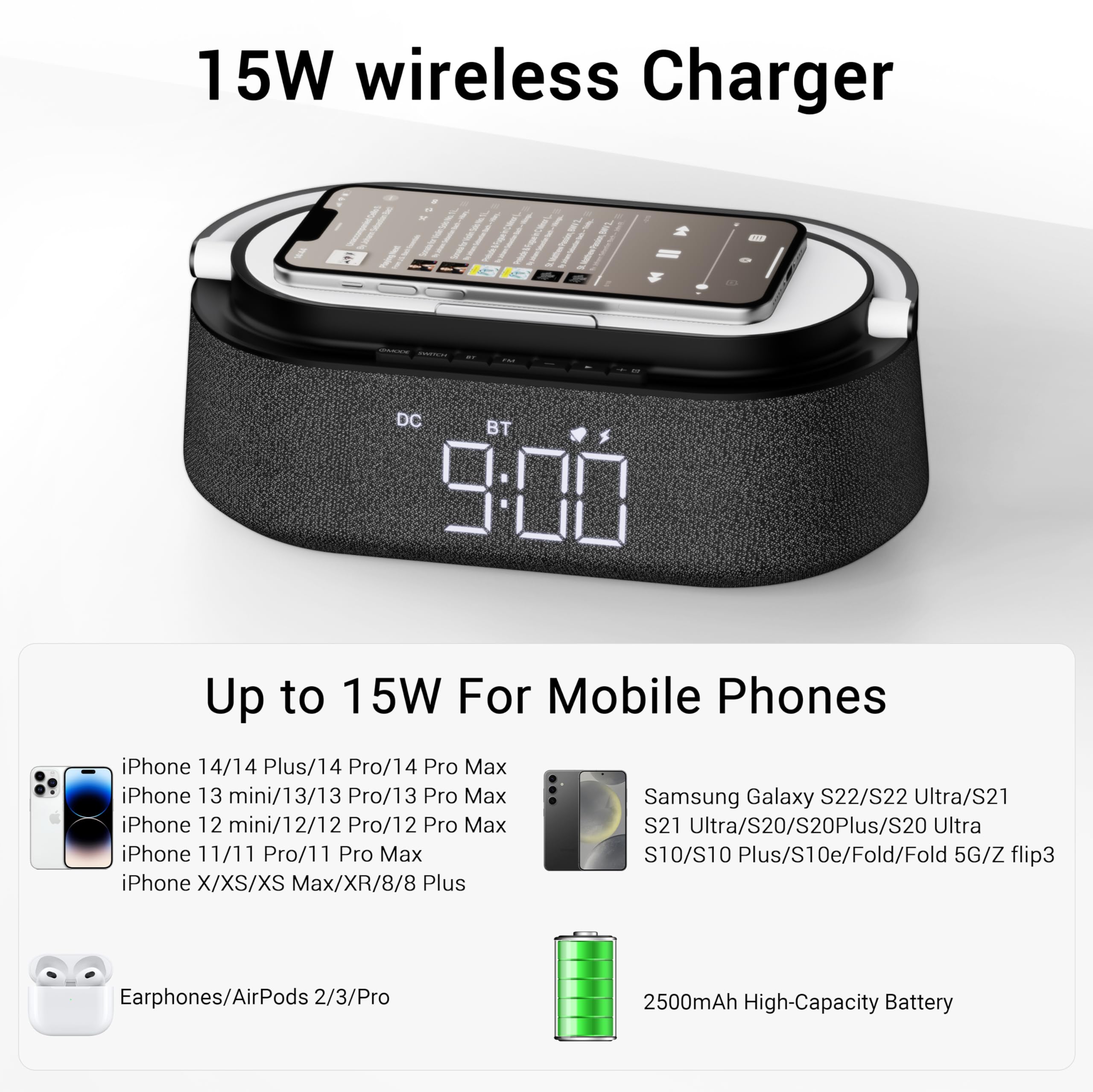 FREEFISH Bluetooth Speaker with Wireless Charger - 15W Fast Charging, FM Radio, Adjustable LED Night Light, Dual Wireless Pairing, Bluetooth 5.0 - Perfect for Home, Office, Travel & Outdoor Adventures