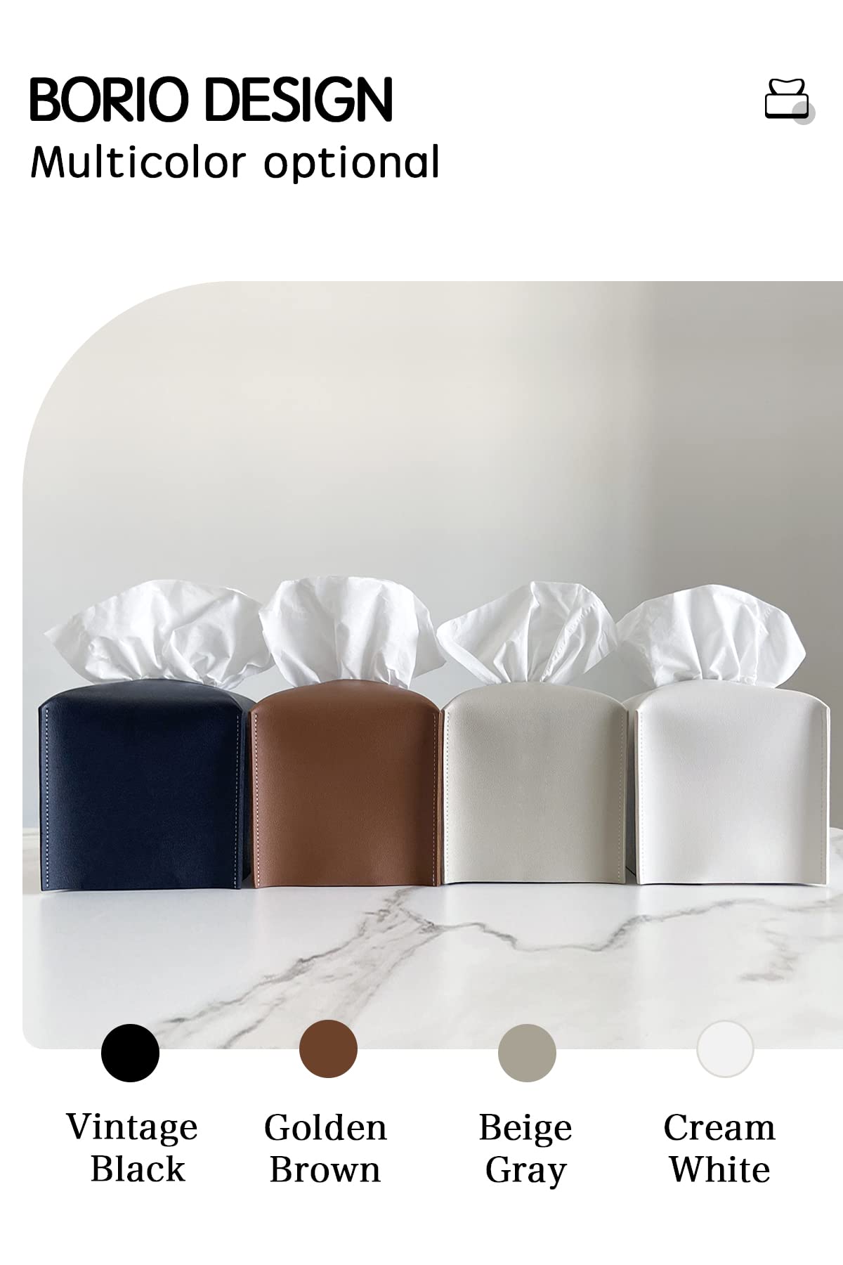 Premium PU Leather Tissue Box Cover - Modern Square Decorative Holder for Bathroom, Vanity, Nightstand, Office & Car (5