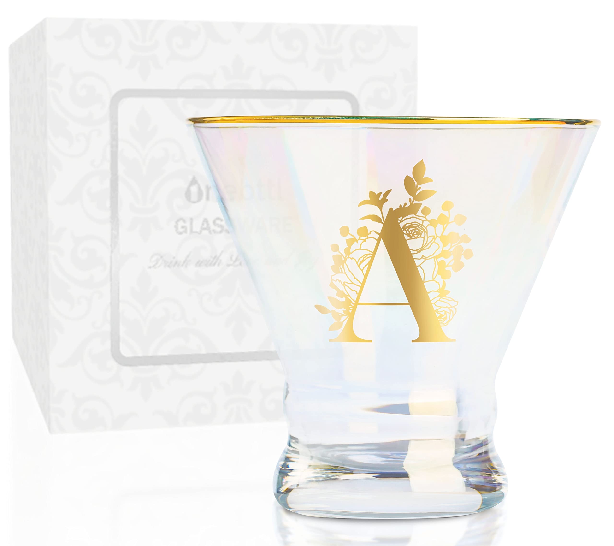 Personalized Iridescent Stemless Martini Glasses with Initial A - 8 oz Cocktail Glasses for Women, Birthday & Christmas Gifts - Perfect for Cocktail Parties, Wedding Receptions & Home Bar Decor