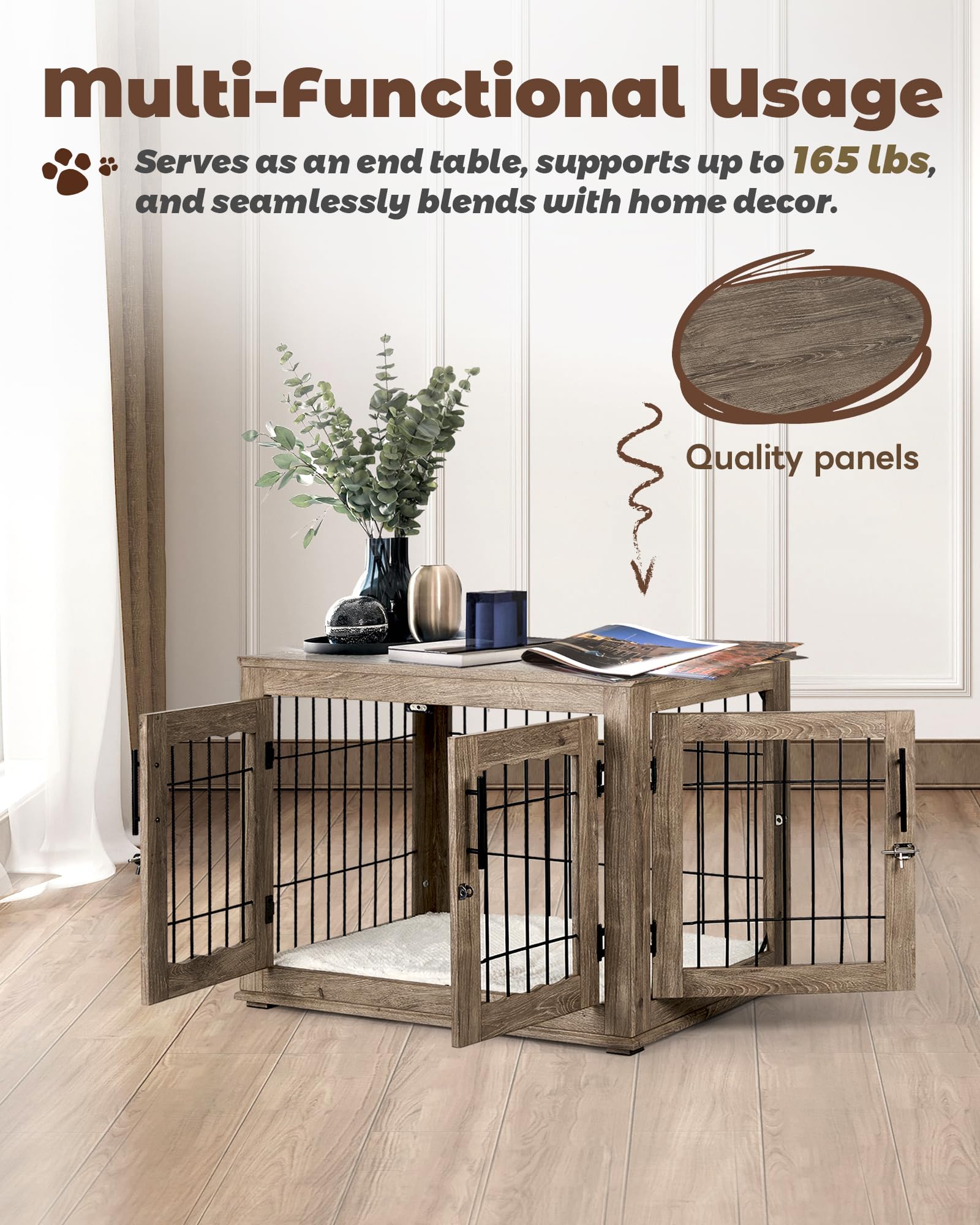 32 Inch Wooden Dog Crate Furniture with Bed Mat - Medium Dog Kennel with 3 Doors, End Side Table Design in Greige | Perfect for Living Room, Bedroom & Home Decor