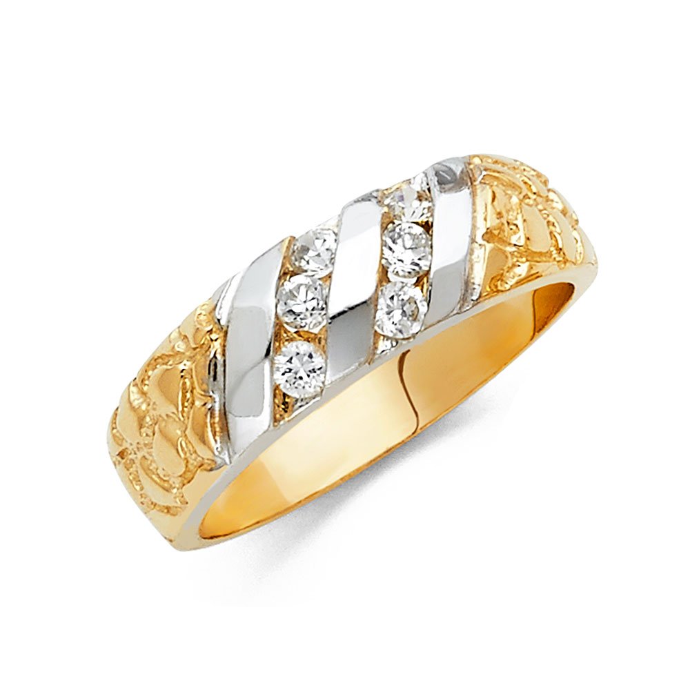 14K White & Yellow Gold Two-Tone Cubic Zirconia Men's Wedding Band Ring - Anniversary Gift for Him, Engagements & Special Occasions | FB Jewels