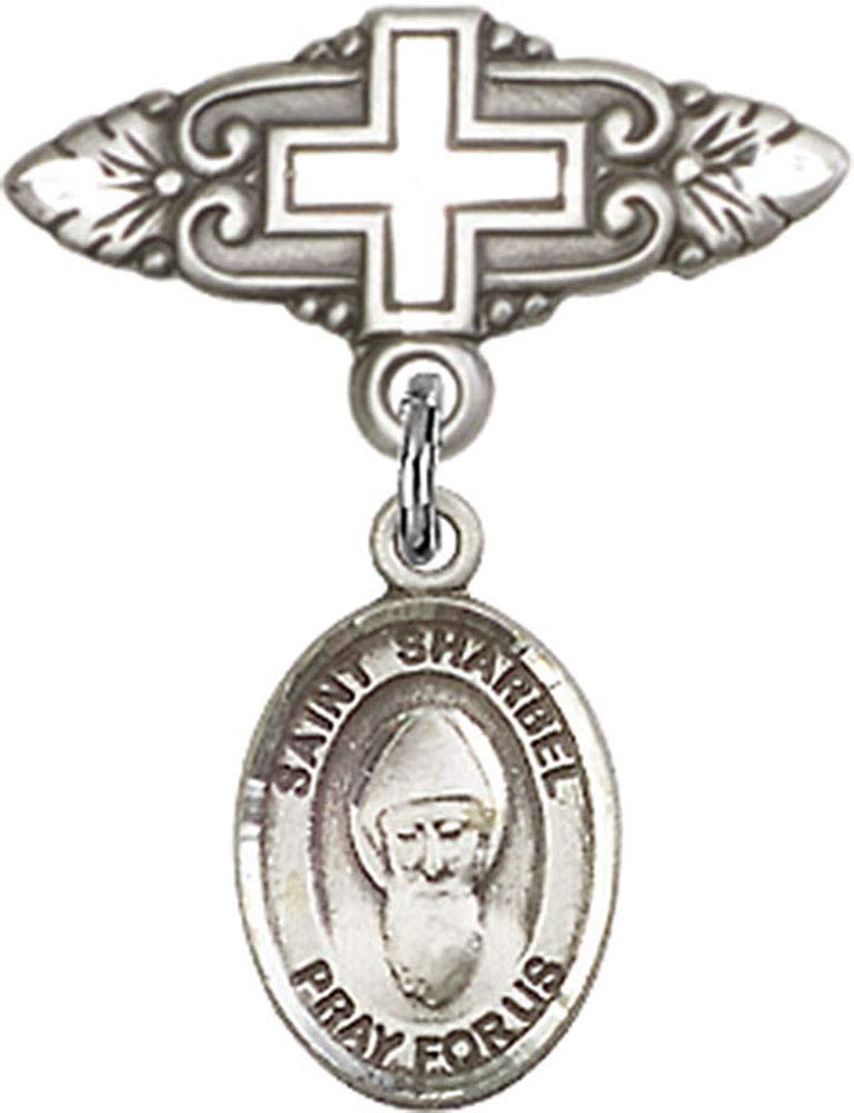 Sterling Silver Baby Badge with St. Sharbel Charm & Cross Pin - Religious Jewelry for Baptism, Christening & First Communion - Handmade in USA