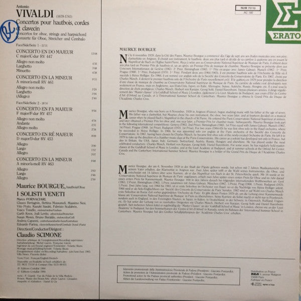 Antonio Vivaldi Concerti Per Oboe, Archi E Cembalo (RV 447-453-457-461-463) LP Record - Maurice Bourgue, I Solisti Veneti, Claudio Scimone - VG+ Condition | Baroque Music Collection for Classical Enthusiasts & Vinyl Collectors