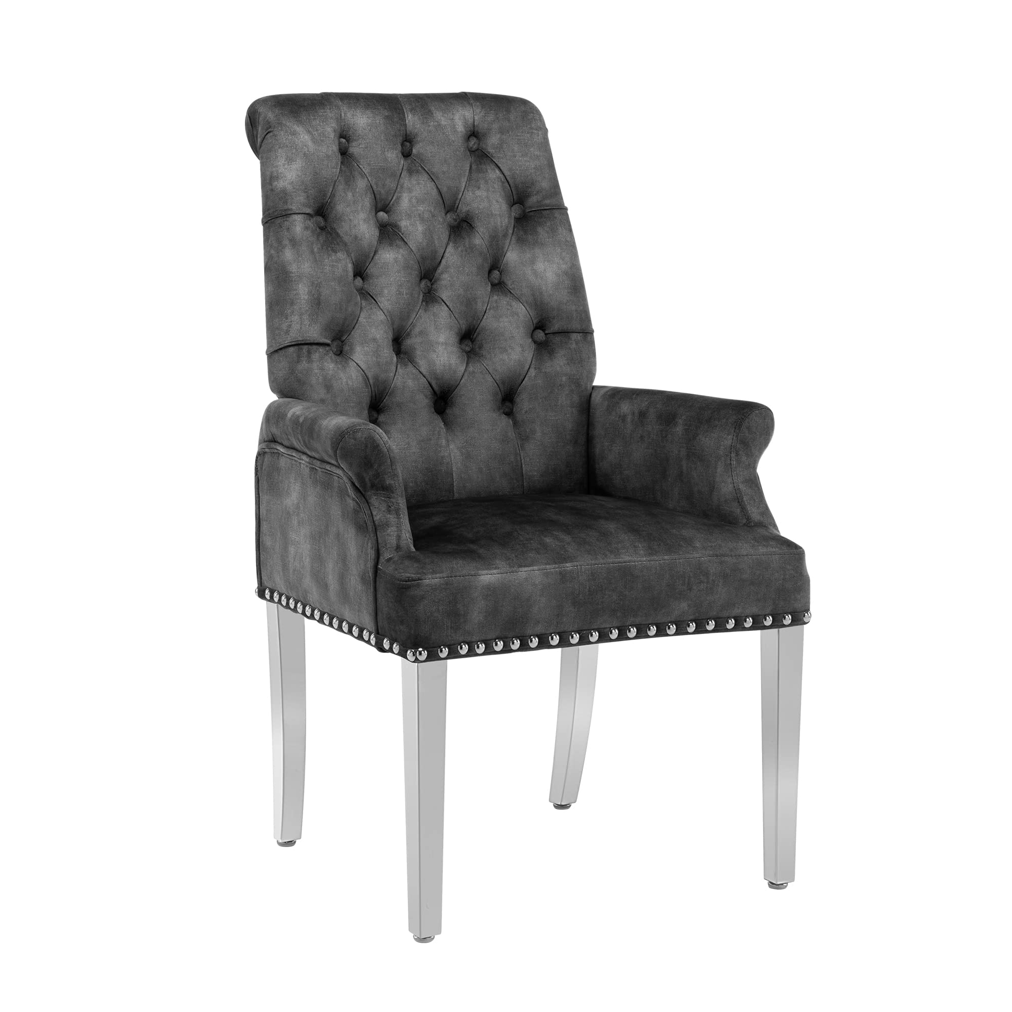 Luxury Velvet Dining Chairs with Tufted Upholstery & Stainless Steel Legs - Modern Armrest Dining Room Chairs in Dark Grey - Perfect for Home Dining, Restaurant, and Office Settings