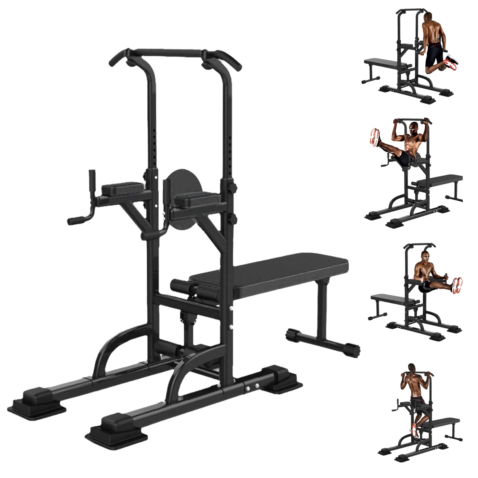Cethrio Power Tower Dip Station & Pull Up Bar Stand with Bench - 6 Height Adjustable Home Gym Equipment for Strength Training & Fitness Workouts - Perfect for Home Exercise, Muscle Building & Full Body Workouts (Black)