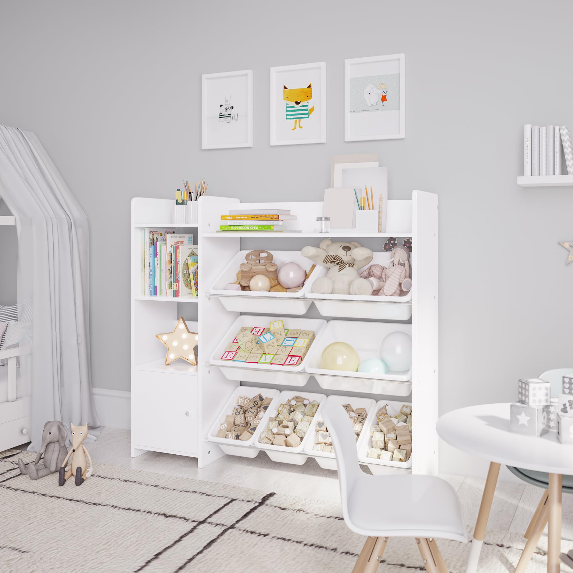 Kids Toy Storage Organizer with 8 White Bins & Shelf - Space-Saving Playroom Organization Solution for Toys, Books & Games - Perfect for Bedrooms, Daycares & Play Areas
