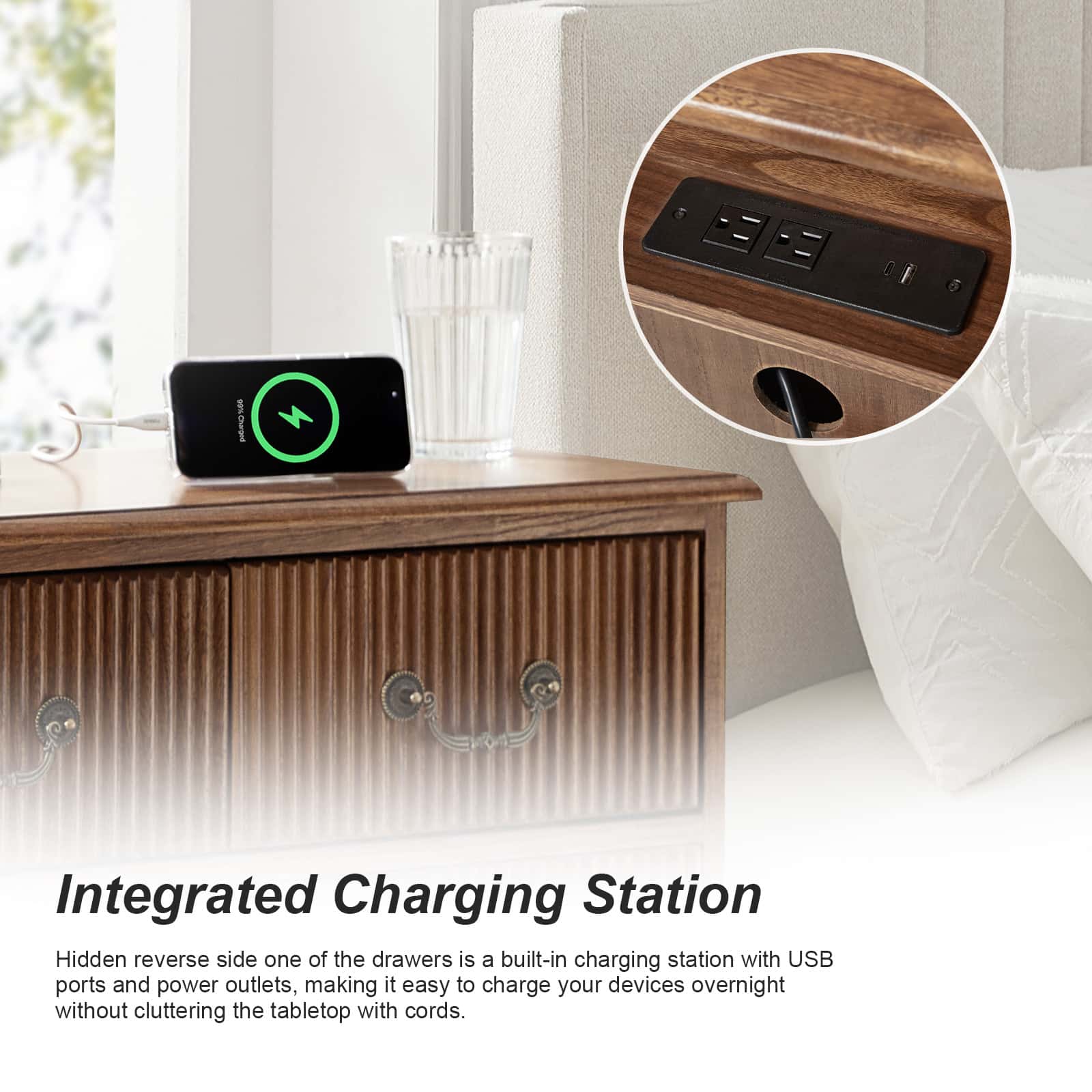 Rustic 3-Drawer Nightstand with USB Charging Station - Solid Wood Bedside Table for Bedroom, Living Room & Guest Room | Galatea Optional Types
