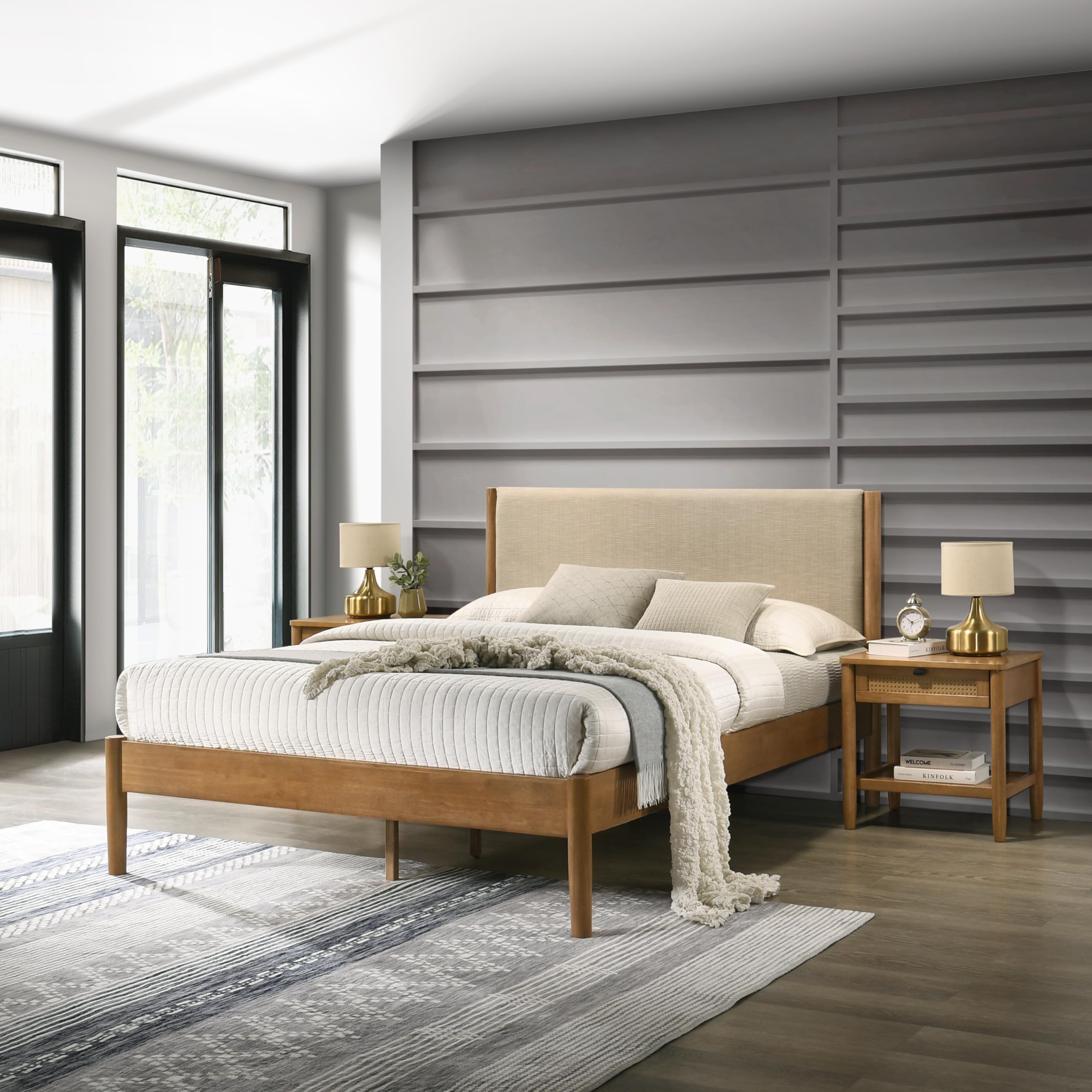 Roundhill Furniture Vichy 3-Piece Rubberwood Bedroom Set - Queen Size Platform Bed with 2 Nightstands, Textured Polyester Upholstery | Modern Bedroom Furniture for Small Spaces & Guest Rooms