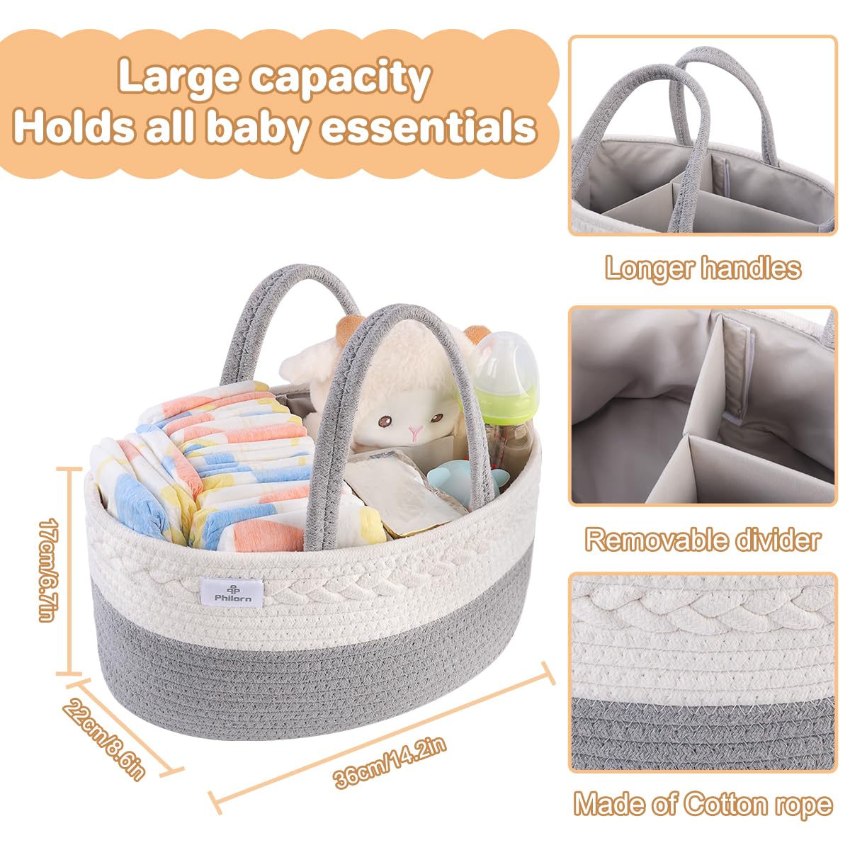 PHILORN Cotton Rope Diaper Caddy Organizer with Dividers - Woven Nursery Storage Basket for Baby Essentials | Perfect for Changing Table, Car & Baby Shower Gifts (Baby Registry Must-Have)