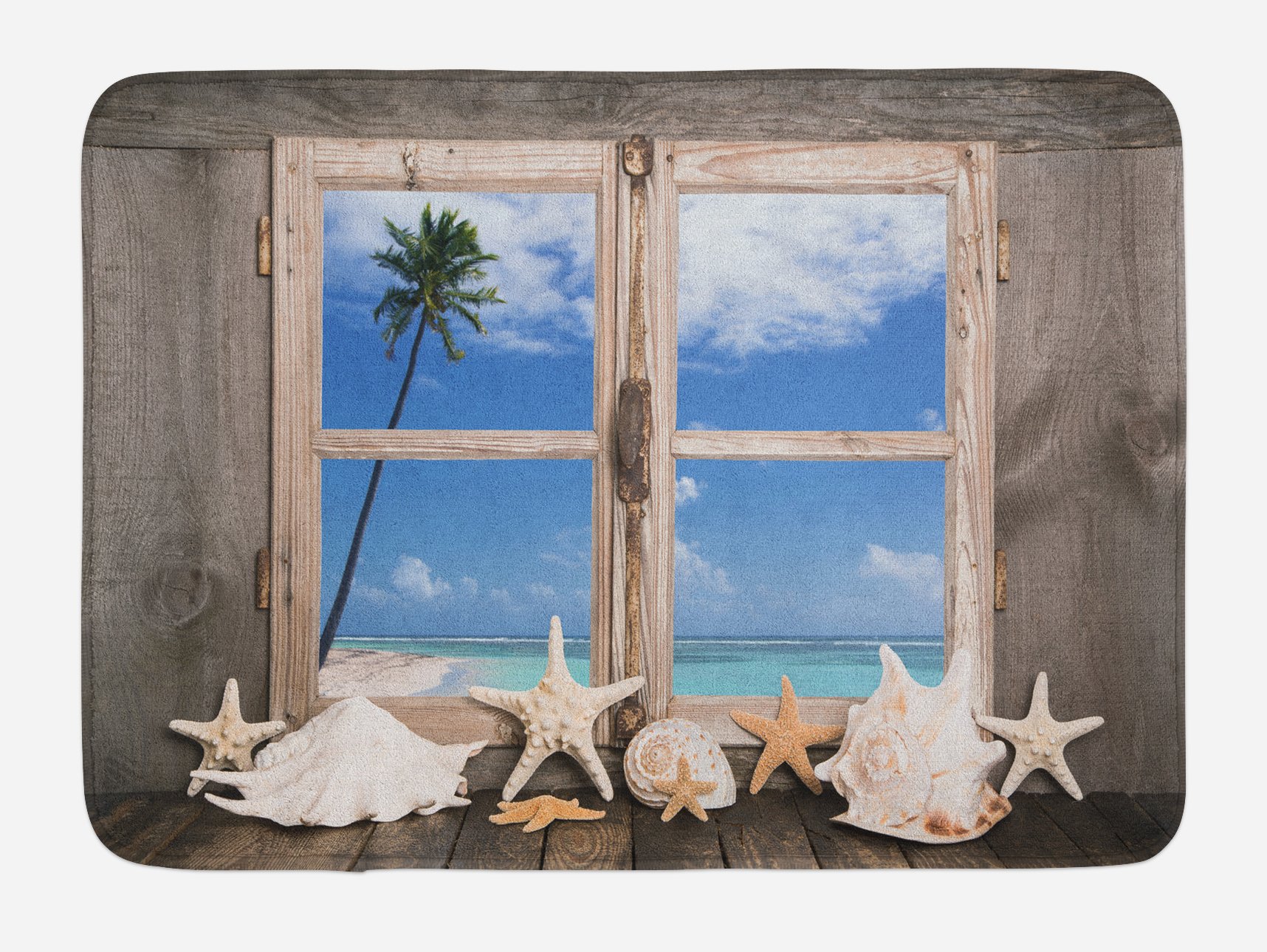 Ambesonne Non-Slip Beach Bath Mat - Seashells Starfish Palm Tree Ocean Print, Plush Bathroom Decor Mat, 30.2