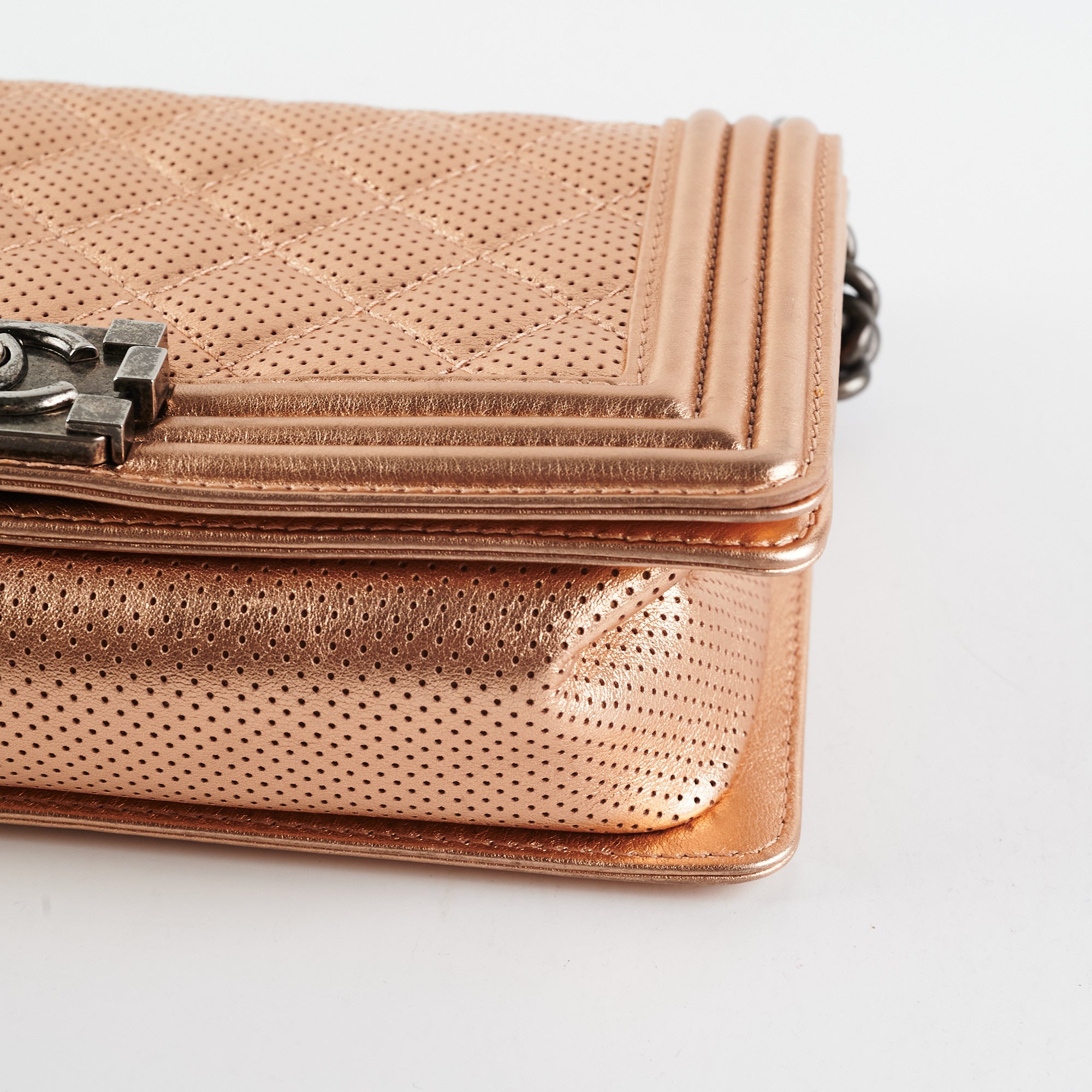Chanel Boy Bag Perforated Rose Gold Leather Handbag - Luxury Designer Crossbody Bag for Women | Perfect for Parties, Date Nights & Special Occasions