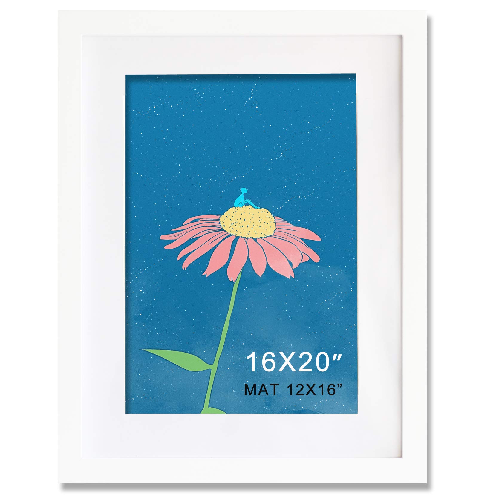 16x20 White Solid Wood Picture Frame with 12x16 Mat - Perfect for Wall Decor, Posters, Photos, and Artwork Display in Living Room, Bedroom, or Office