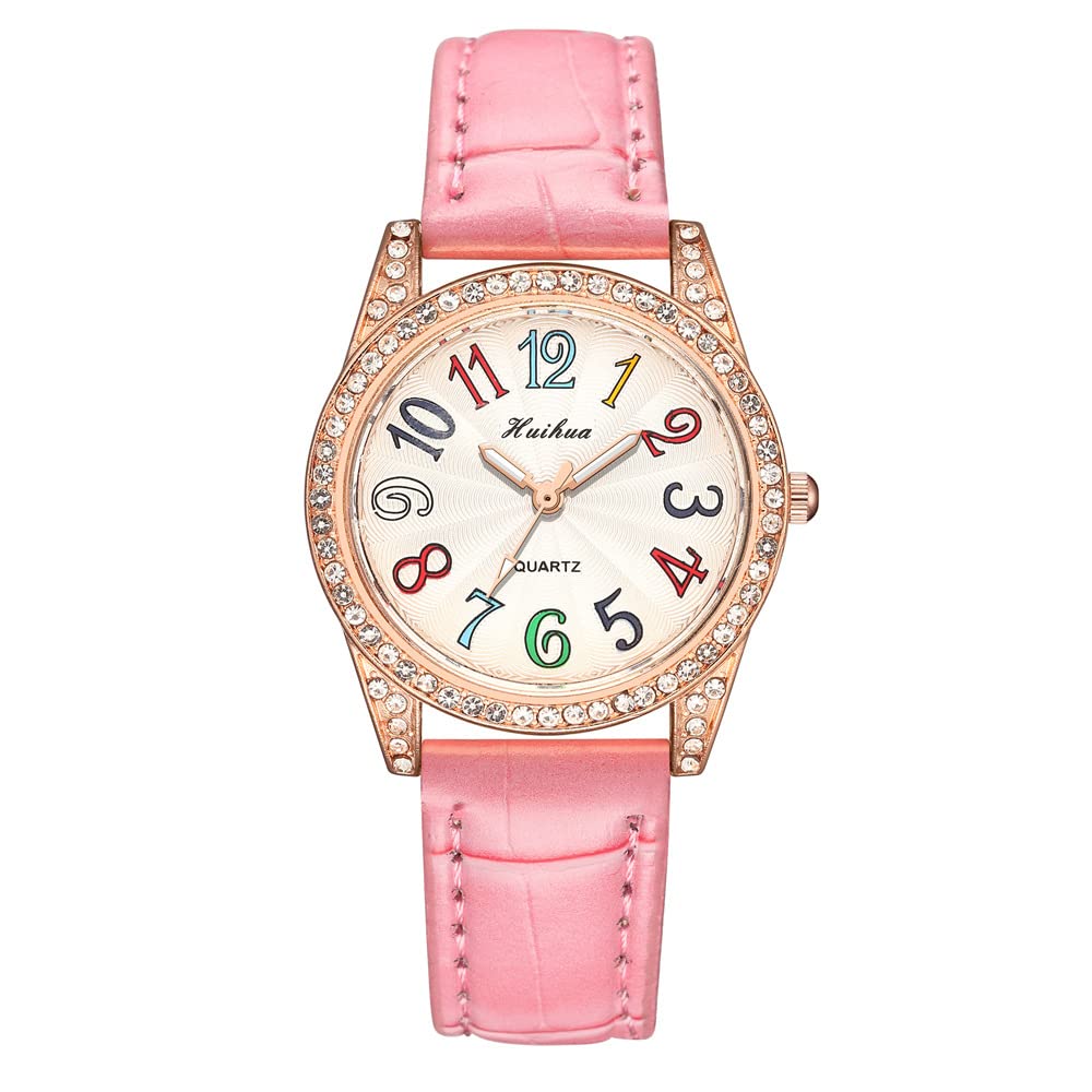 Gierzijia Colorful Number Dial Quartz Watch for Women - Stylish Casual Leather Strap Analog Wristwatch for Girls, Teens, Students | Perfect Gift for Daughter, Wife | Great for School, Office, and Everyday Wear