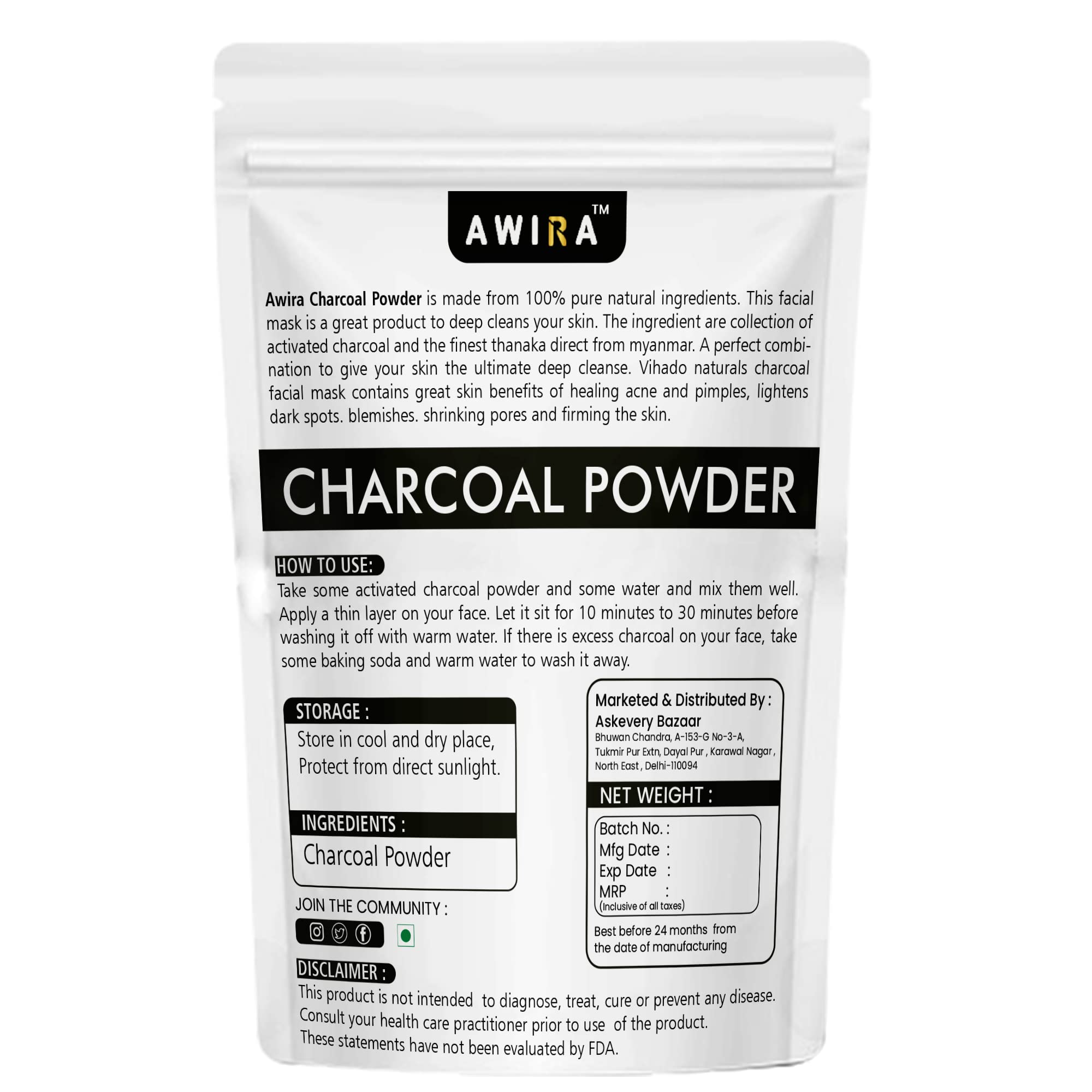Awira Activated Charcoal Powder for Face & Teeth Whitening | 100% Natural Coconut Charcoal Powder (50g) | Deep Cleansing, Detox & Brightening for Skin & Oral Care