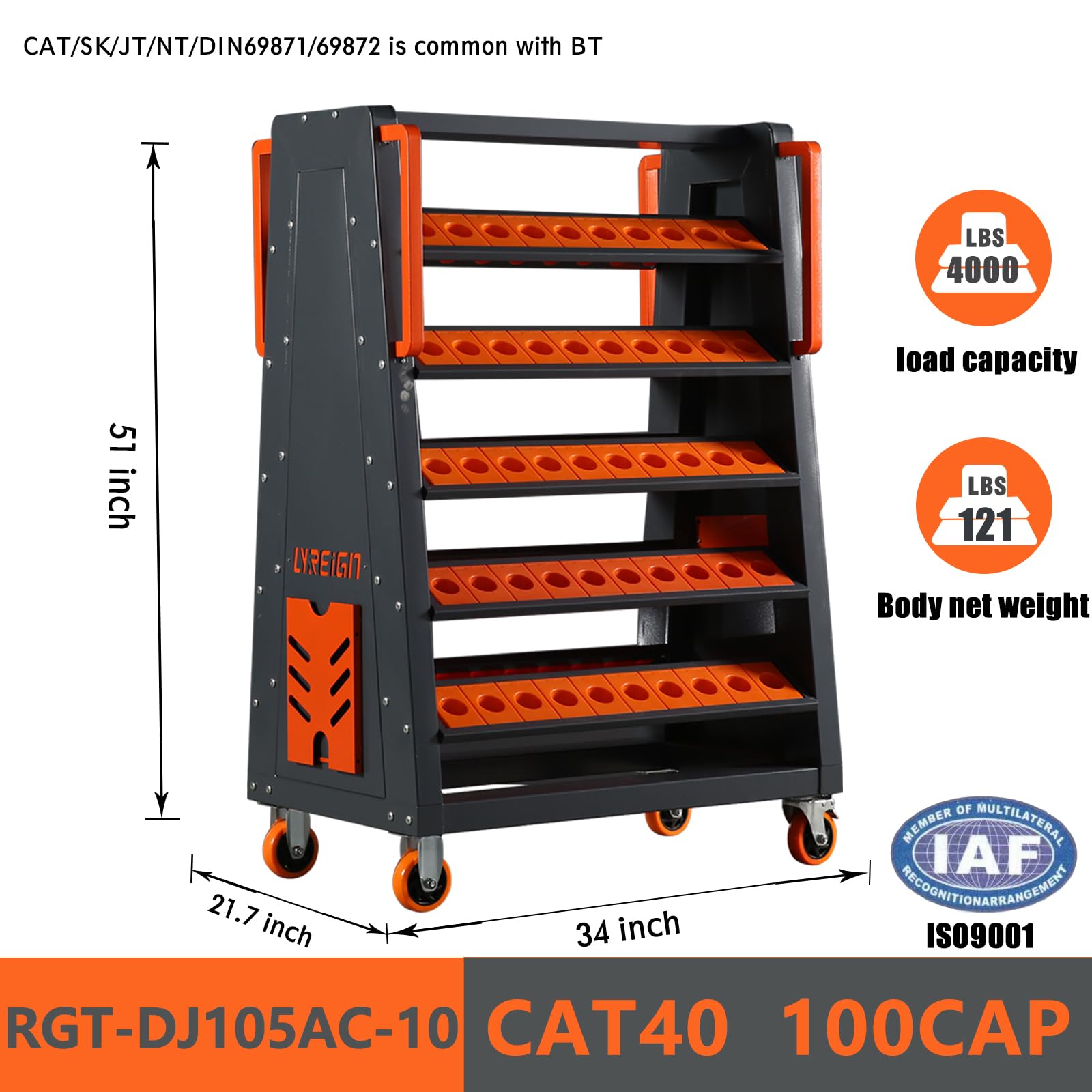 CAT40 CNC Tool Cart - 100 Capacity, 5-Tier Rolling Tool Storage with Wheels, 40 Taper Tool Holder Organizer for CNC Machines | Perfect for Workshop, Factory & Garage Organization