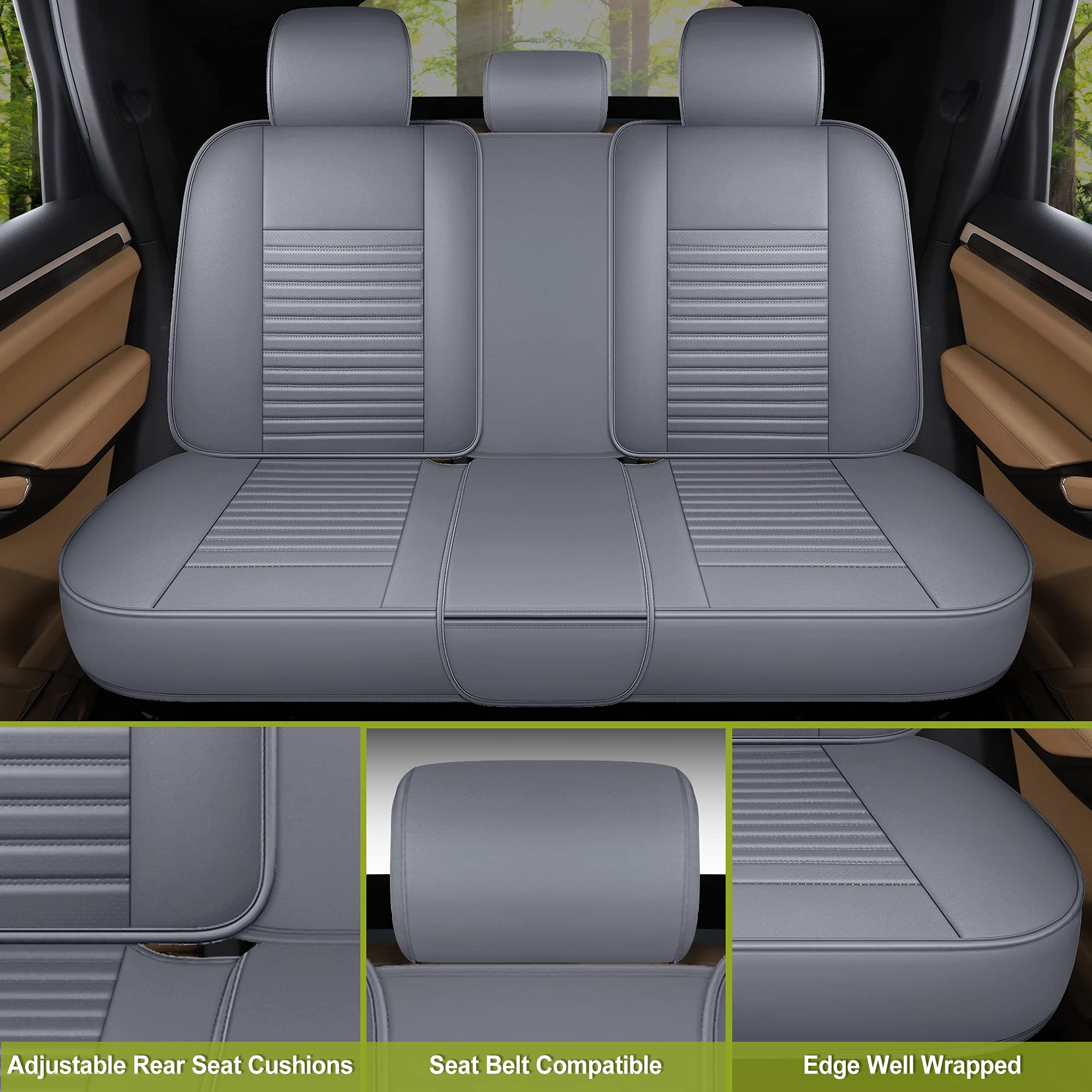 Premium AOOG Leather Car Seat Covers - Universal Fit Leatherette Auto Seat Protectors for Cars, SUVs & Trucks | Non-Slip Vehicle Interior Accessories (Full Set, Gray) | Perfect for Daily Commute, Road Trips & Family Protection