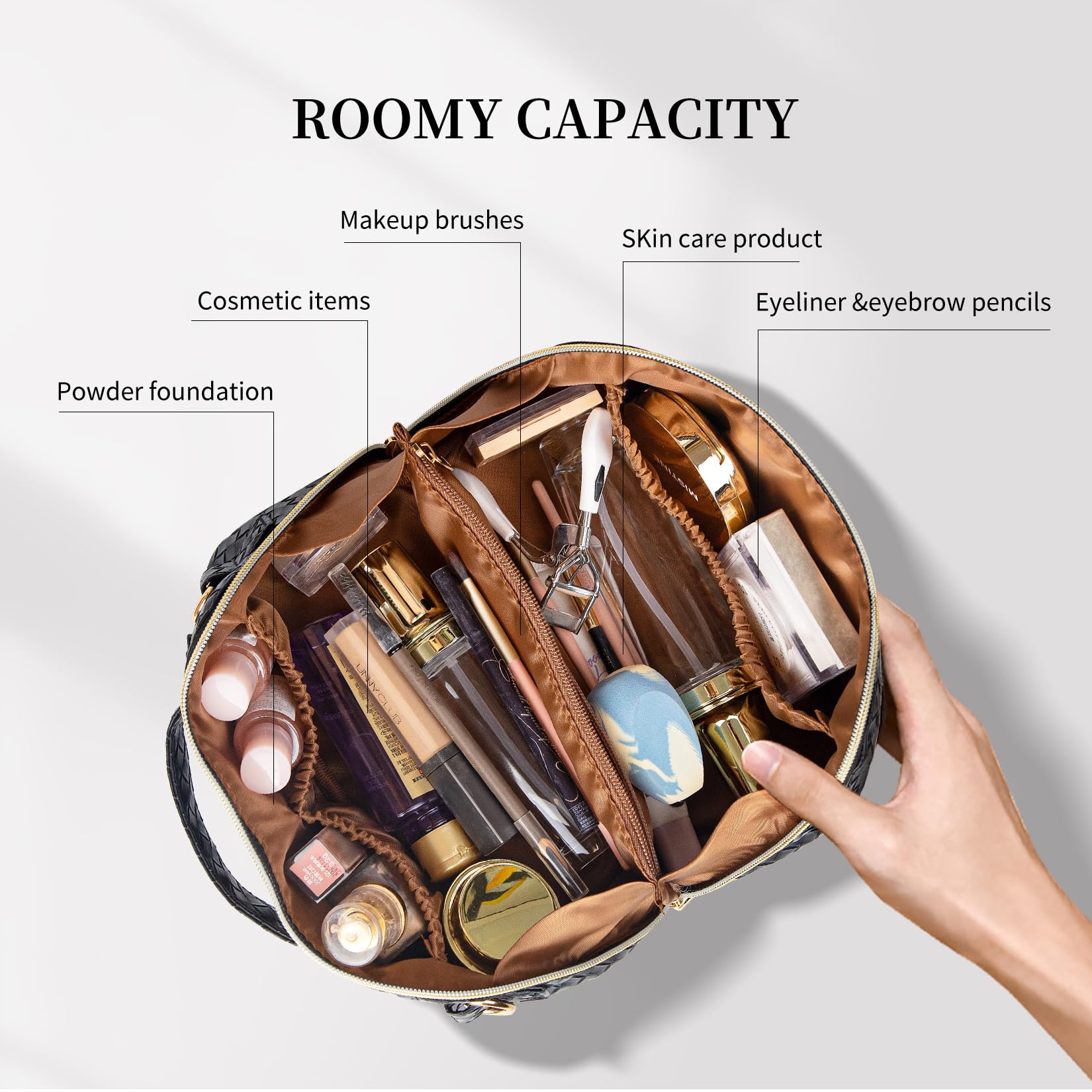 Large Capacity Travel Cosmetic Bag with Shoulder Strap - Leather Makeup Organizer with Multiple Compartments | Portable Makeup Toiletry Bag for Women | Perfect for Travel, Gym, and Daily Use