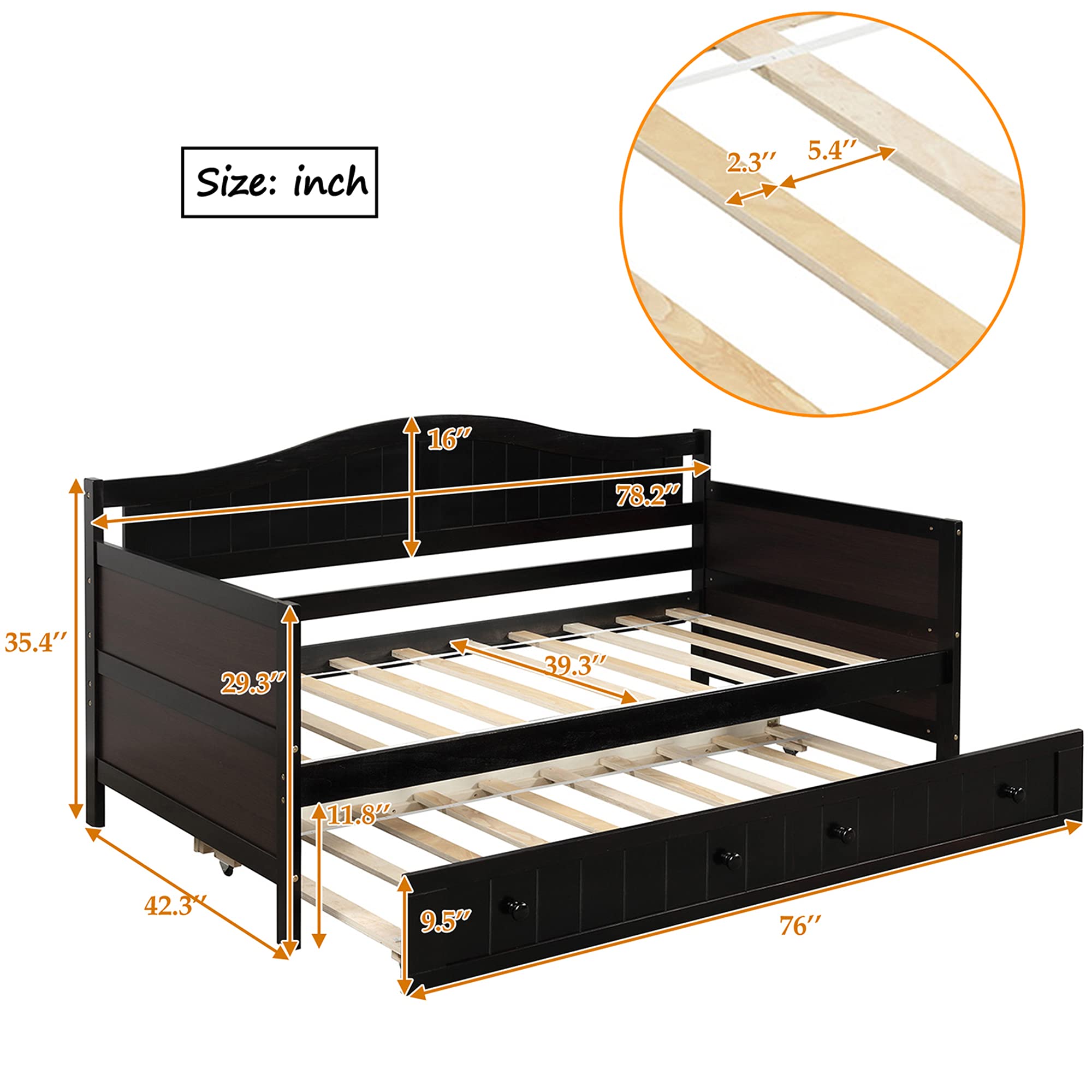 P PURLOVE Wood Twin Daybed with Trundle - Convertible Sofa Bed Frame for Bedroom & Living Room - Espresso Finish - Perfect for Guest Rooms, Small Spaces & Multi-Functional Furniture Needs