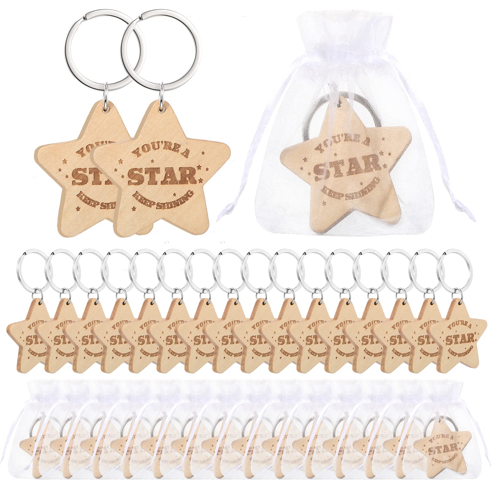 Roowest Star Keychains - Inspirational Wooden You're a Star Keychains Bulk with Organza Bags - Perfect for Students, Teachers, and School Gifts