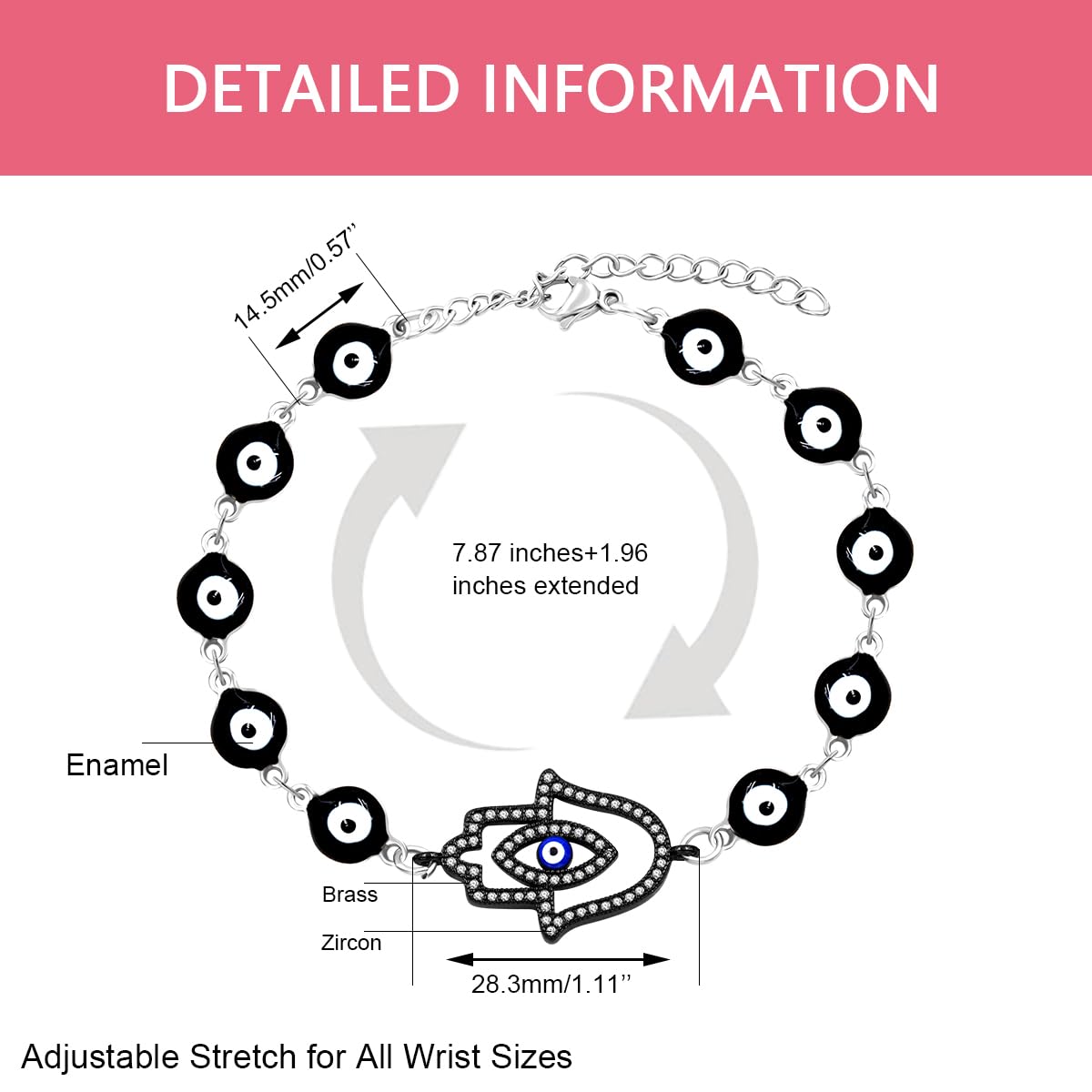 Uloveido Stainless Steel Evil Eye & Hamsa Hand Bracelet - Adjustable Protection Charm with Cubic Zirconia | Blue Eye Amulet Jewelry for Women | Perfect for Everyday Wear, Gift Giving & Spiritual Protection