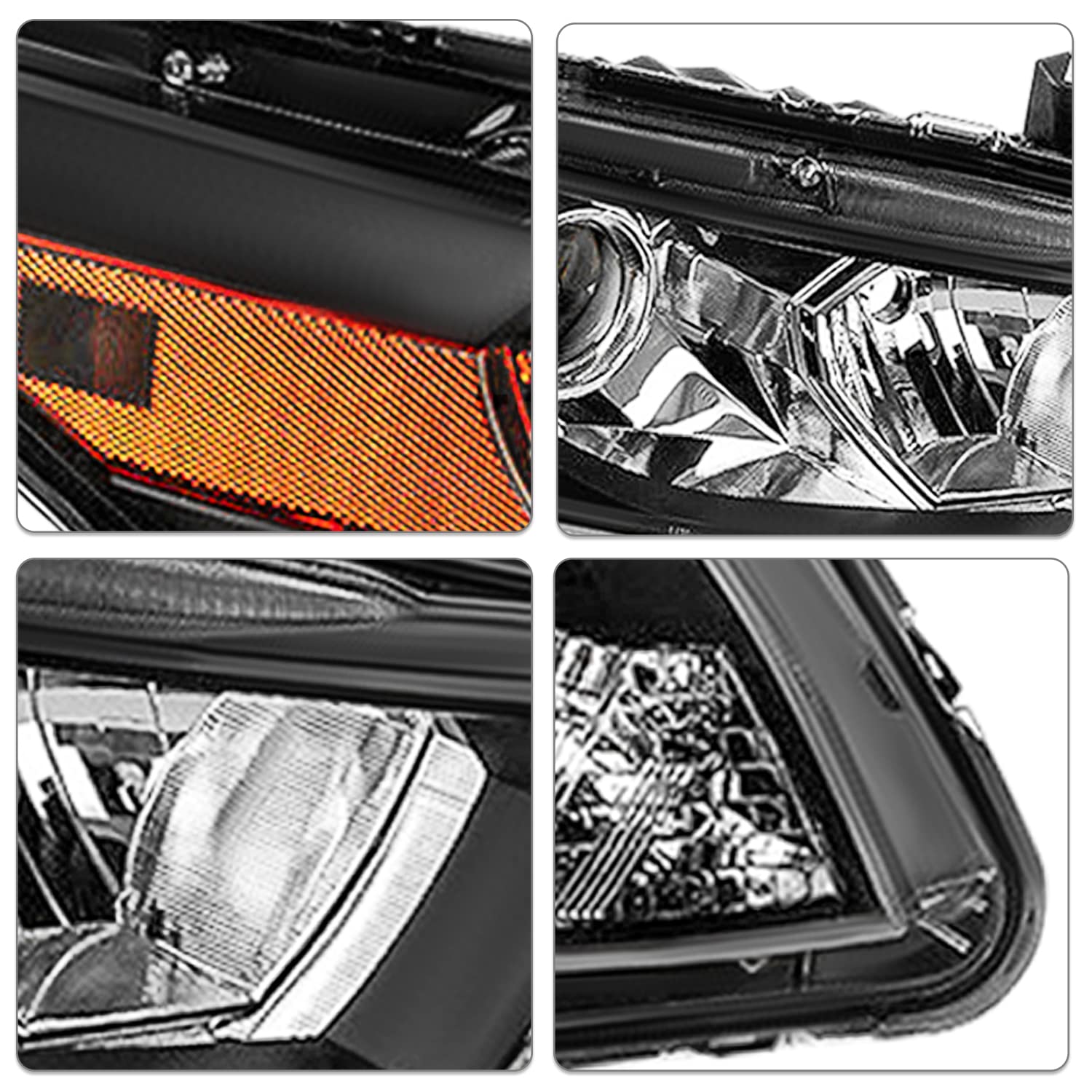 Honda Accord 2008-2012 2-Door Coupe Headlight Assembly Pair with Bulbs - Black Housing & Amber Reflector Projector Headlights | Direct Fit Replacement for Improved Night Driving Safety