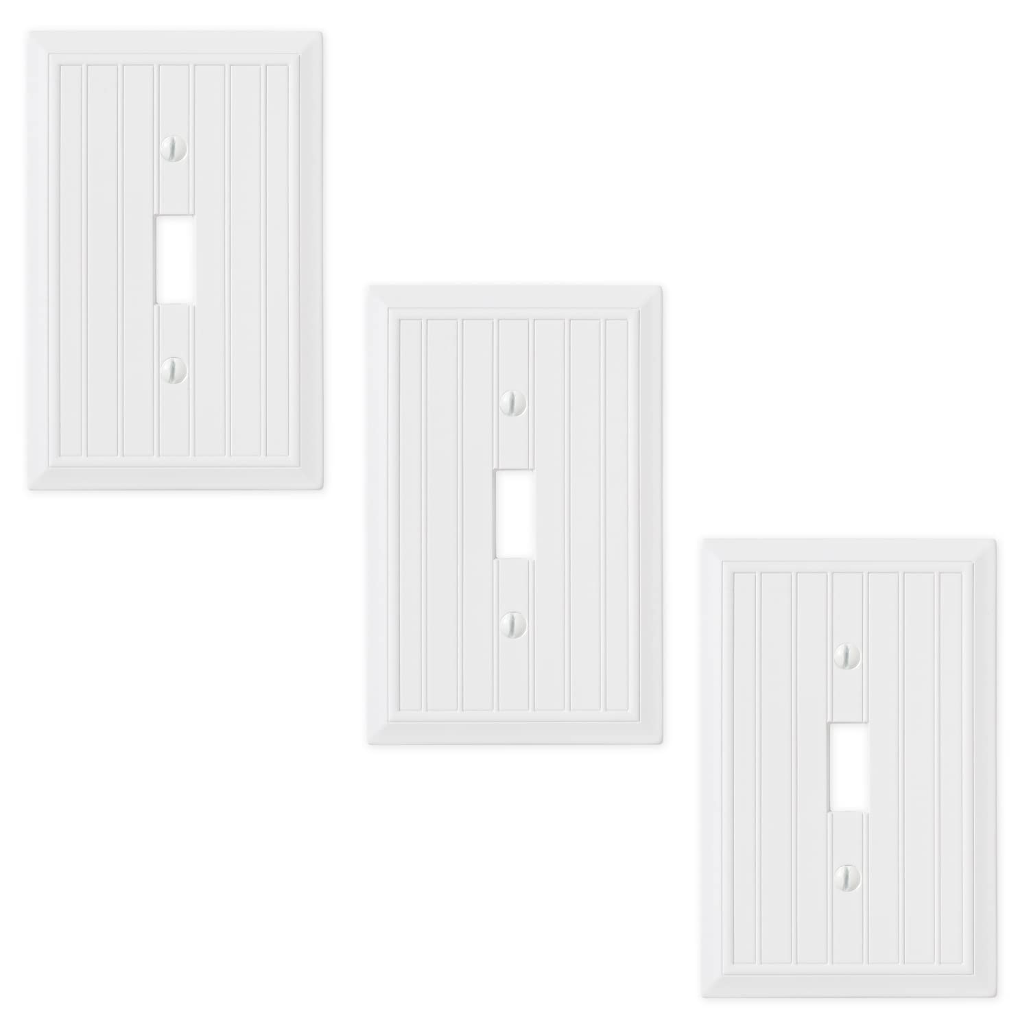 Questech Light Switch Covers - 1-Gang Single Toggle Wall Plates for Electrical Outlets, Standard Size Receptacle Covers (3 Pack) - Bright White Polished Cottage Beadboard Design for Home & Office Decoration