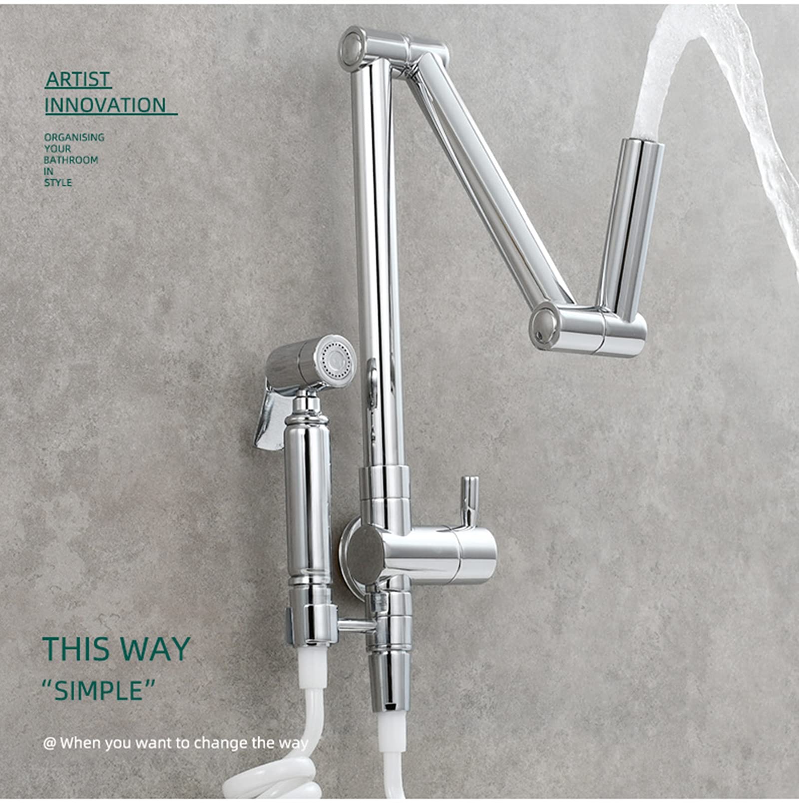 Commercial Brass Kitchen Sink Faucet - Single Handle Wall Mount Pot Filler with 2 Functions, Cold Water, Folding Stretchable Double Joint Swing Arms (Chrome) - Perfect for Restaurant, Food Truck & High-Traffic Kitchen Use