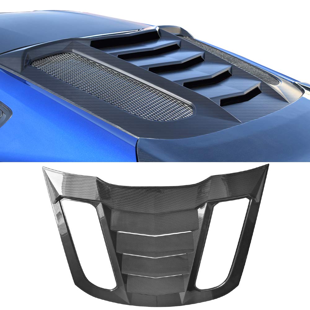 IKON MOTORSPORTS Rear Window Louver for 2015-2024 Ford Mustang Coupe | Carbon Fiber Print Sun Shade & Windshield Scoop | Fits 2015-2024 Models | Enhances Style & Sun Protection for Daily Driving & Car Shows