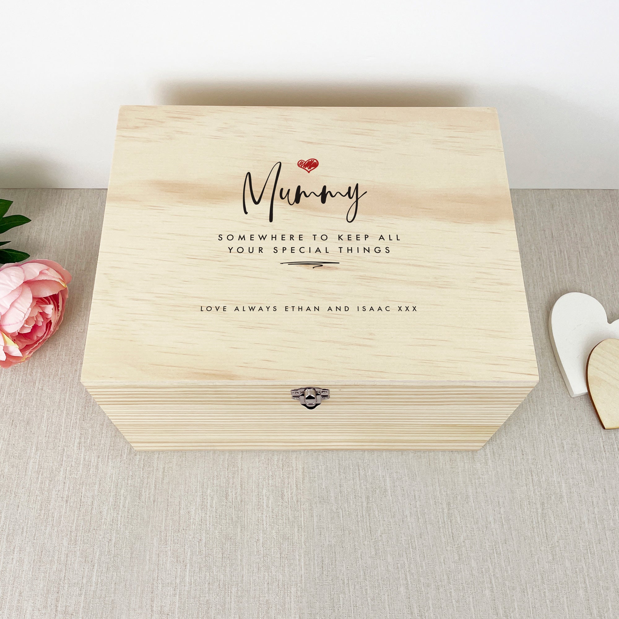 Personalized Red Heart Wooden Memory Box - Custom Name/Message Engraved - 5 Sizes (16cm, 20cm, 26cm, 30cm, 36cm) - Perfect for Wedding, Anniversary, Valentine's Gift & Keepsake Storage