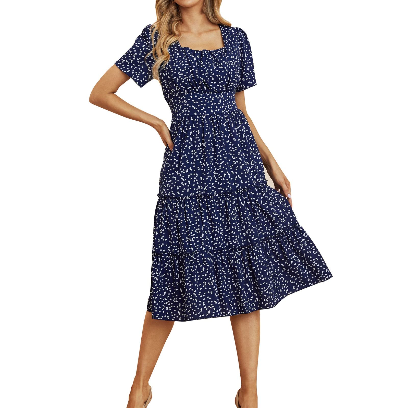 DIOMOR 2022 Women's Summer Midi Dress - Short Sleeve Heart Print Flowy Pleated Tunic Dress for Women | Casual Wear, Beach Vacation, Date Night Outfit