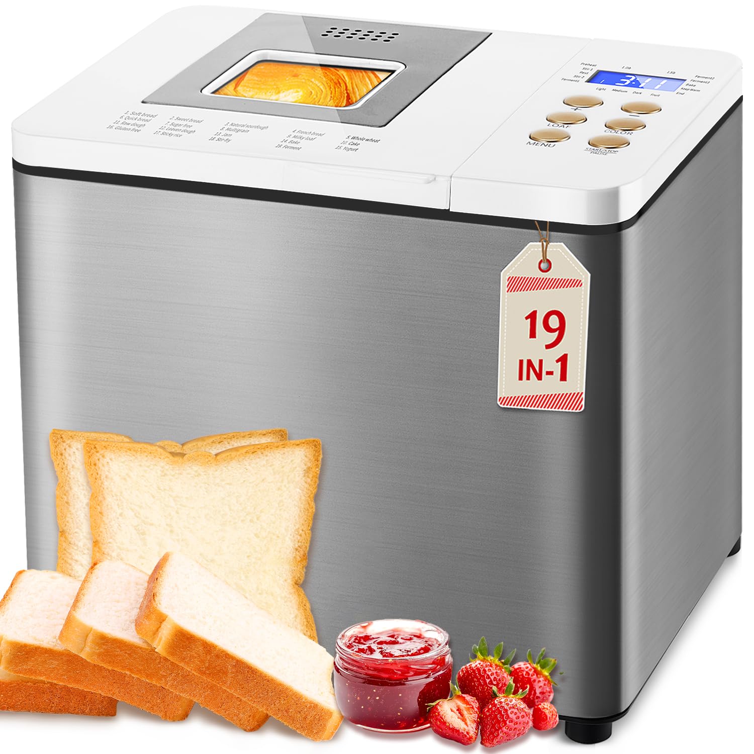 19-in-1 Stainless Steel Bread Maker with Smart Dual Heaters - Quiet Bread Machine with 15H Timer & 1H Keep Warm - Auto Bread Maker with Food-Grade Non-Stick Pan - Perfect for Gluten-Free, Whole Wheat & Artisan Bread Baking at Home