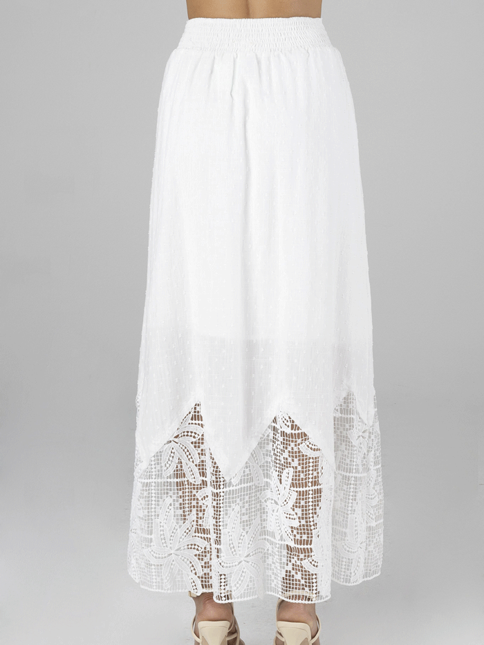 Miss Me MS0134L Women's Long Crochet Flowy Skirt with Tassel - White Boho Summer Skirt for Beach, Vacation & Festival Outfits