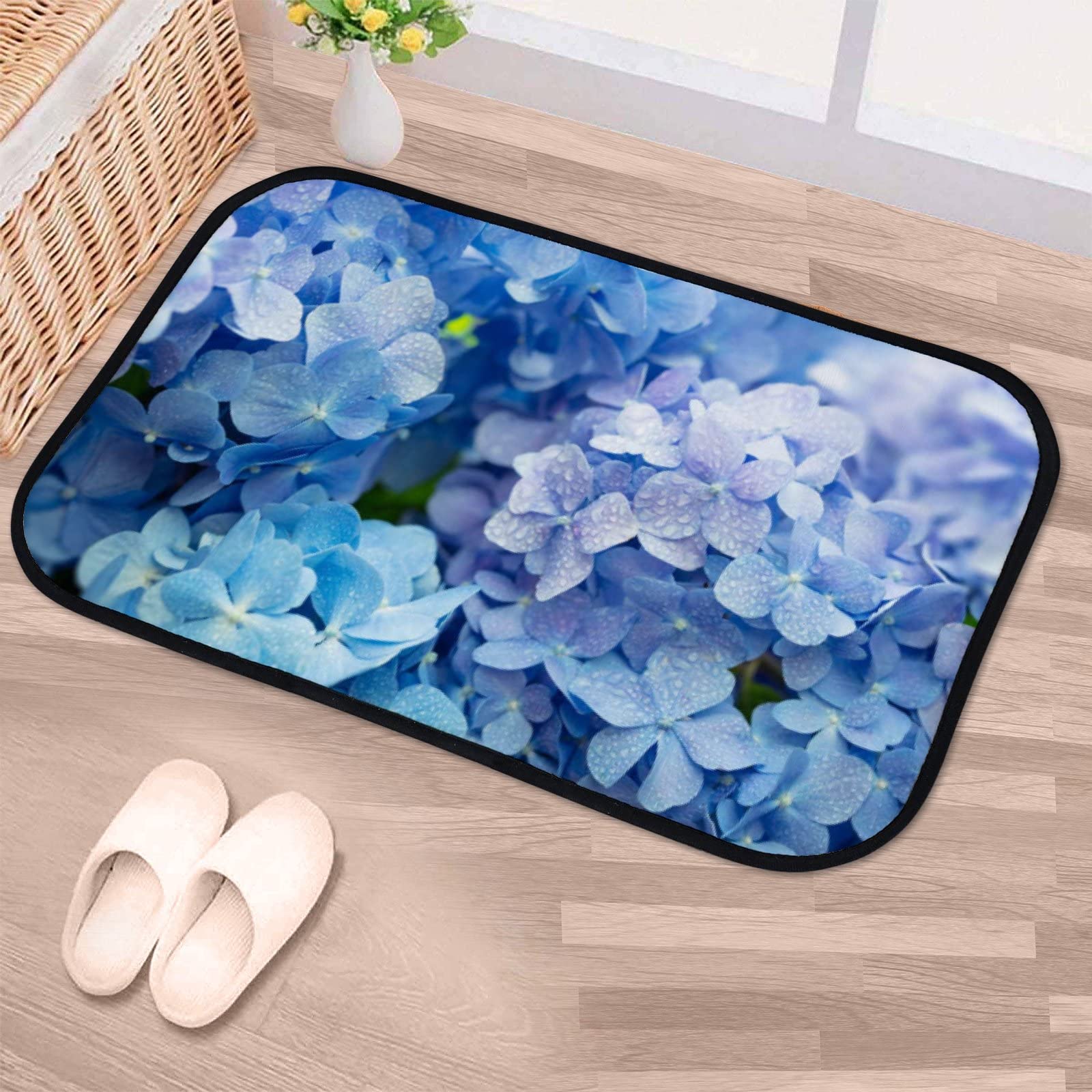 Soft Foam Non-Slip Washable Area Rug - Blue Hydrangea Pattern Kitchen Bath Mat 23.6