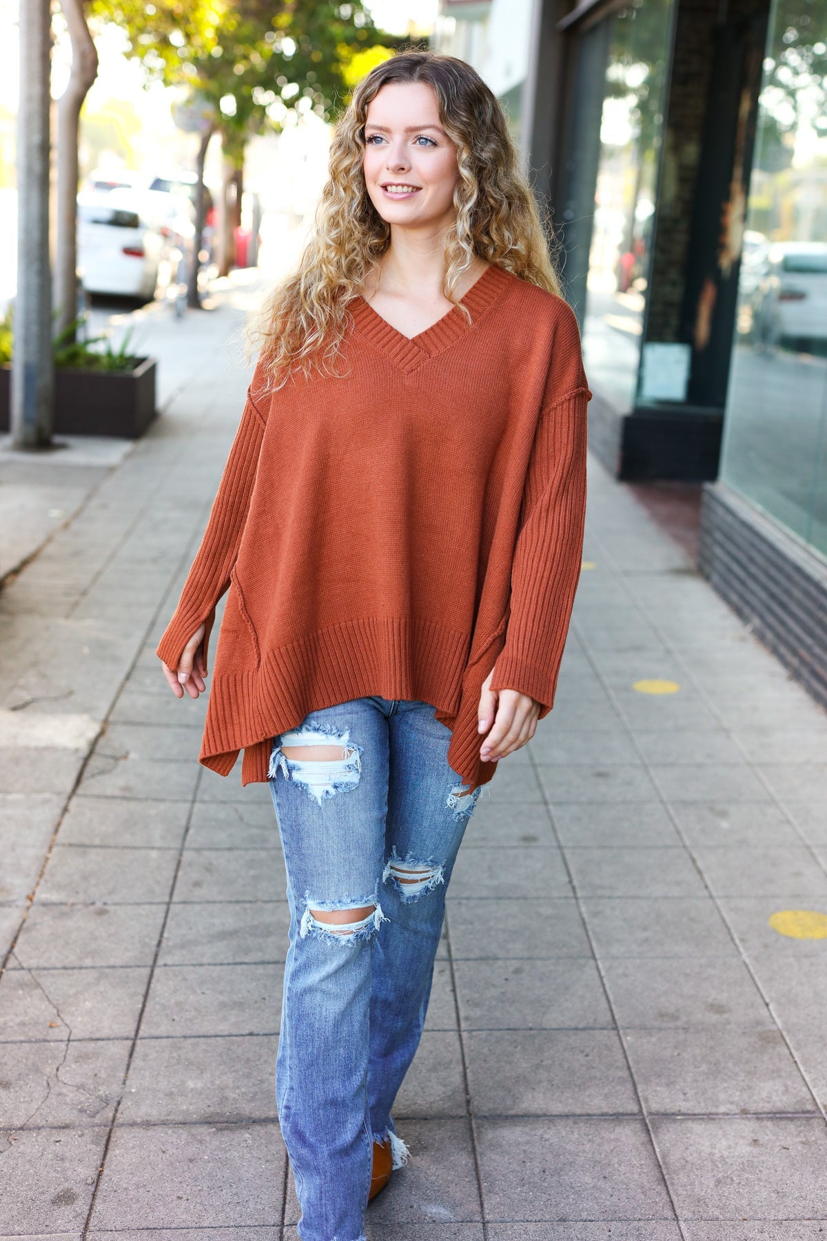 Stylish Rust Oversized V-Neck Rib Knit Sweater for Women | Cozy Fall & Winter Pullover | Perfect for Casual Outings, Date Nights & Office Wear