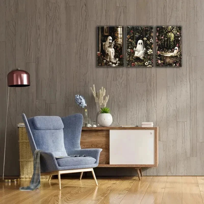 3pcs Ghost on the Toilet Reading Book While Bathing Metal Wall Art - Ready to Hang Decor for Bathroom, Halloween, or Spooky Home Decor