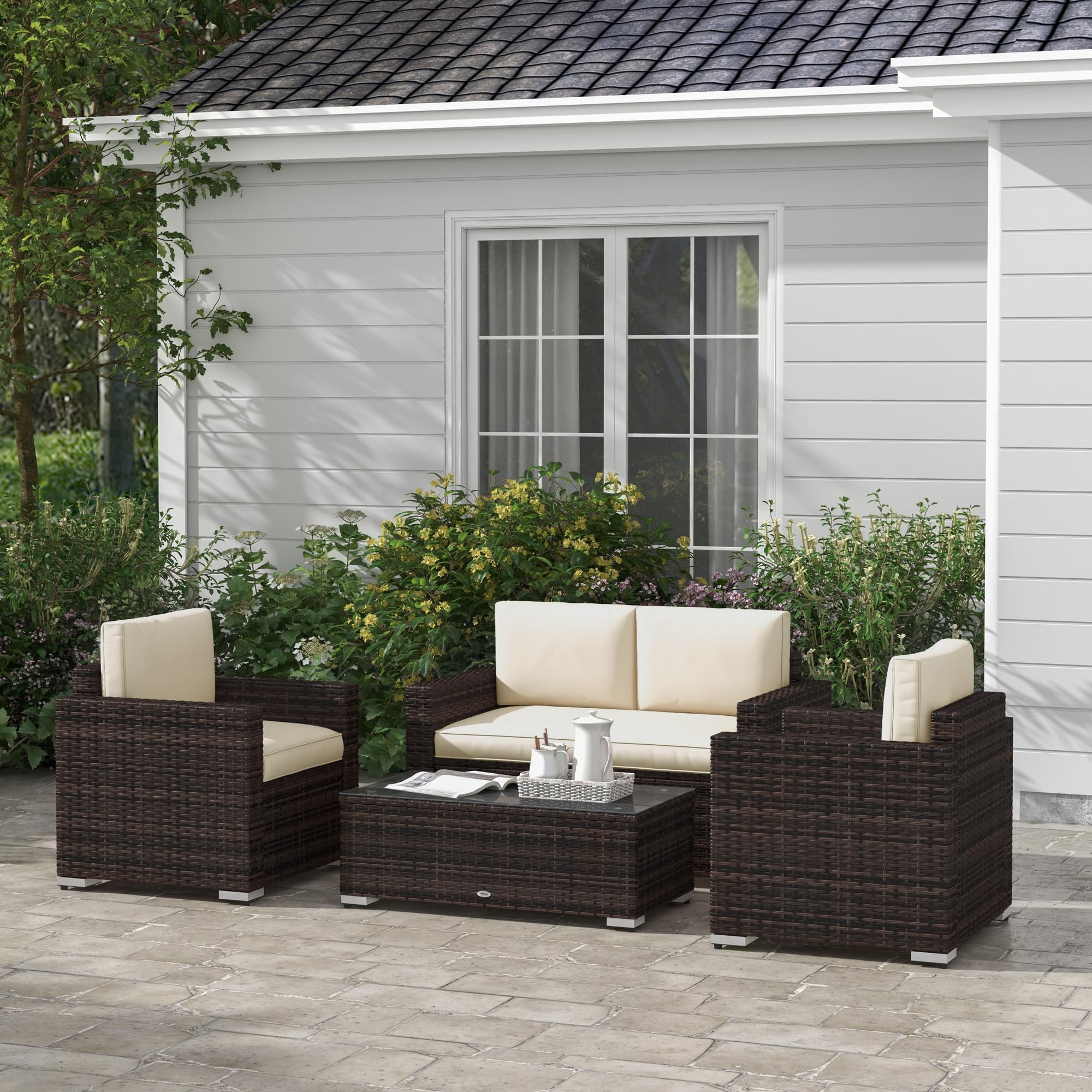Outsunny 4-Piece Wicker Patio Furniture Set with Cushions - Outdoor Sectional Sofa Set with 2 Seating Chairs, Loveseat & Glass Top Coffee Table - Weather-Resistant Garden Conversation Set in Khaki - Perfect for Backyard, Poolside & Patio Relaxation