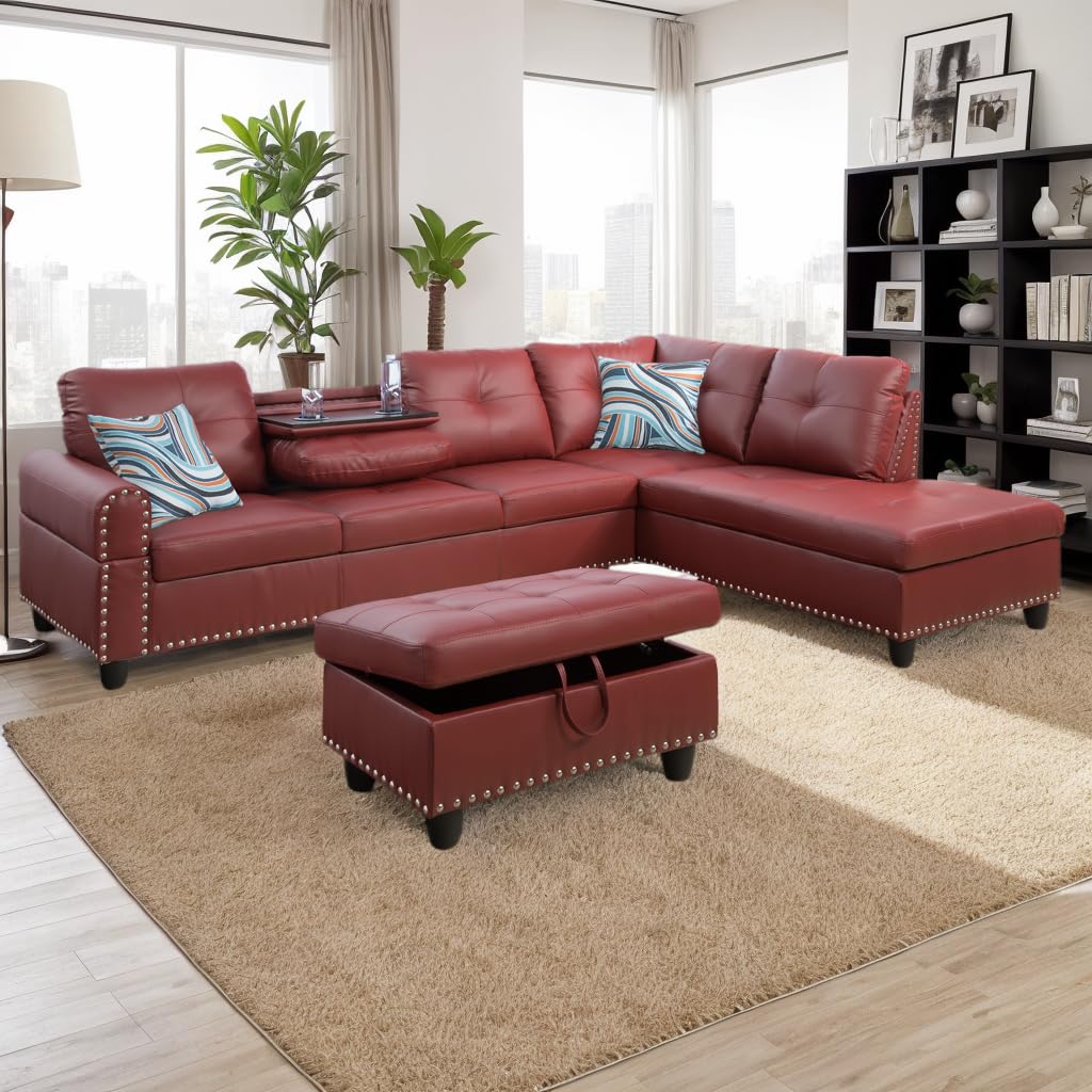 3-Piece L-Shaped Sectional Sofa Set with Storage Ottoman & Chaise Lounge - Faux Leather Modular Couch with Tufted Design, Foldable Console & Cup Holders - Red Living Room Furniture for Small Spaces & Apartments - Perfect for Movie Nights, Family Gatherings & Home Office Lounging