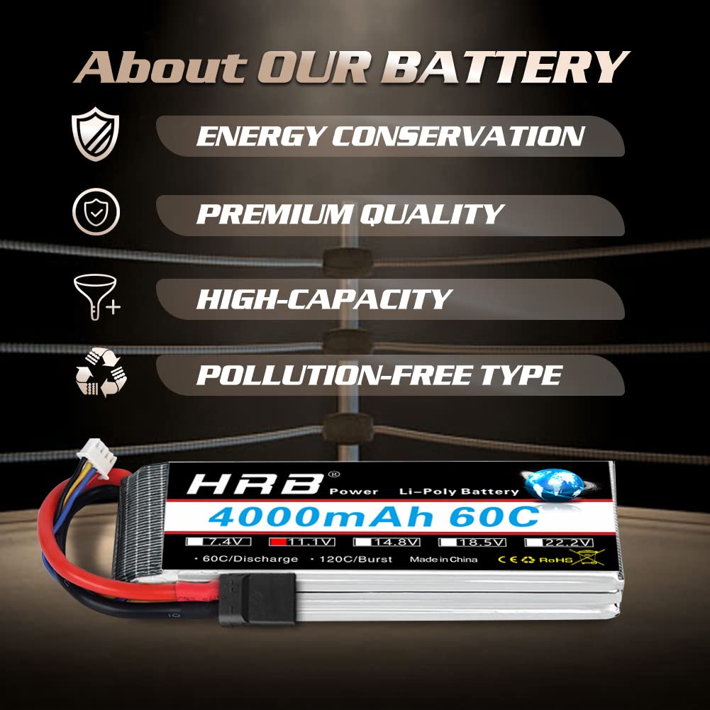 HRB 2PCS 3S Lipo Battery 4000mAh 11.1V 60C High Performance RC LiPo Batteries for RC Airplane, Helicopter, Car, Truck, Boat - Perfect for FPV Racing, Drone Flying & RC Hobby Enthusiasts