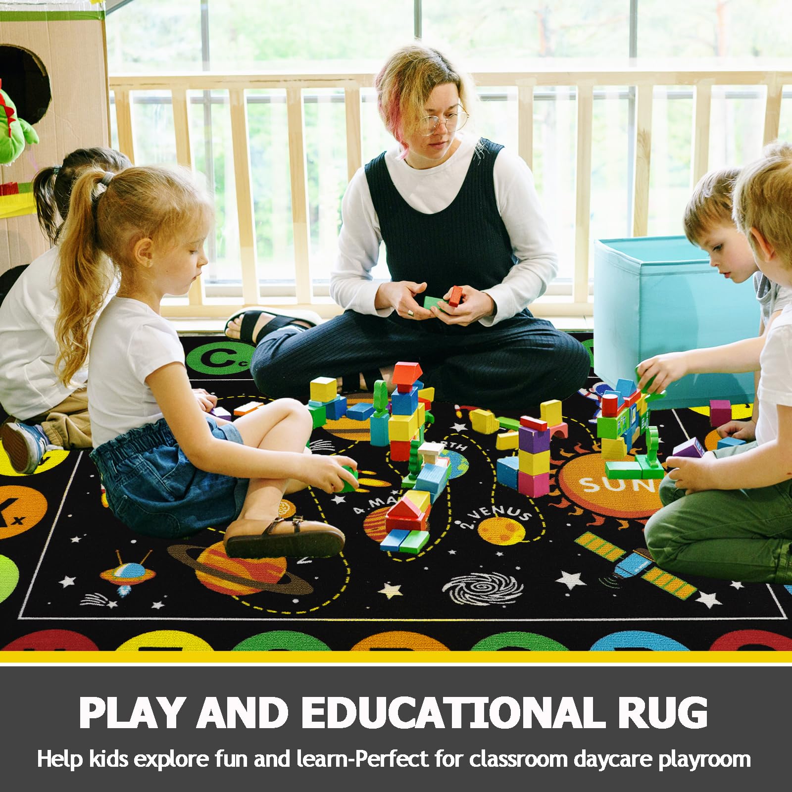 Outer Space Kids Play Mat - Non-Slip ABC Alphabet Rug for Toddlers | Nursery Decor for Bedroom & Playroom
