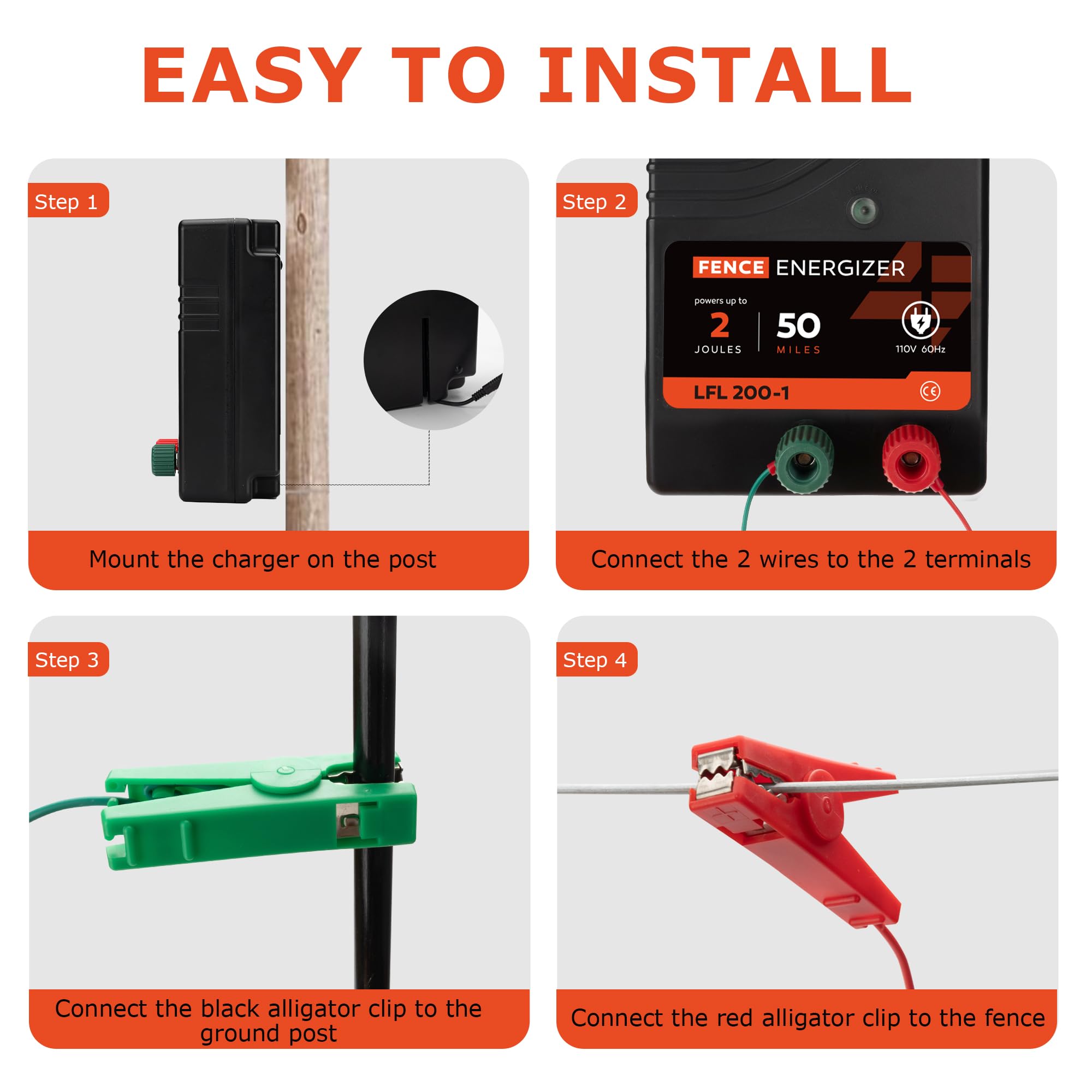 AC Powered Electric Fence Charger - 50 Mile Range, 165 Acres Coverage, 110V 2 Joule Plug-in Energizer with 10kV Max Output for Livestock Protection | Keep Predators Away from Farms, Ranches & Pastures