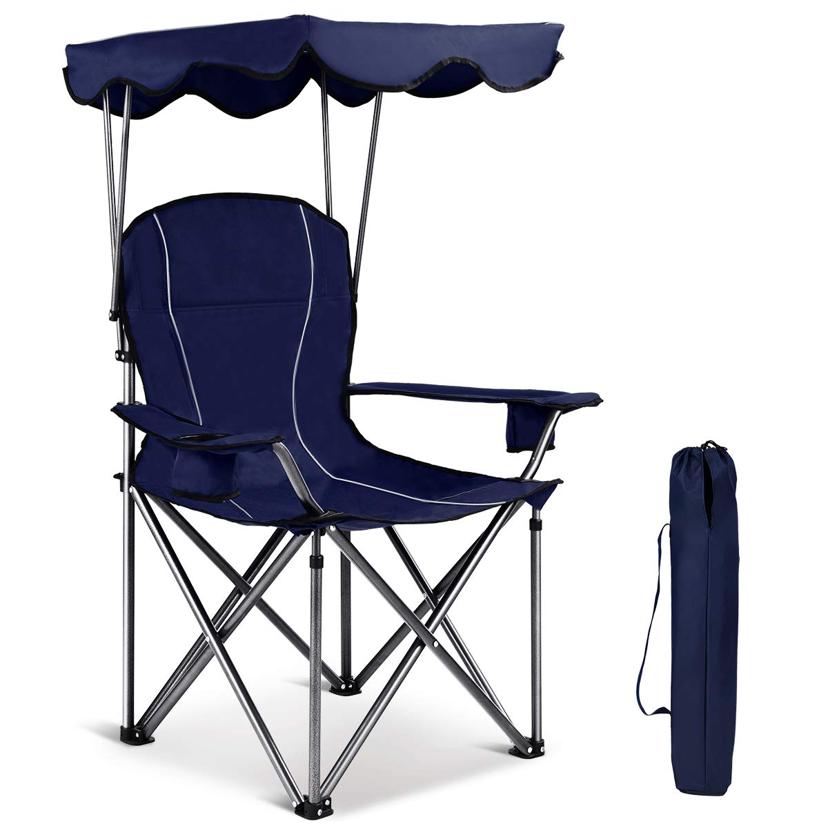 GYMAX Folding Camping Chair with Canopy - Heavy Duty Portable Outdoor Lawn Chair with Carry Bag & Cup Holder - Perfect for Travel, Picnic, Beach, Soccer Games, and Backyard Relaxation