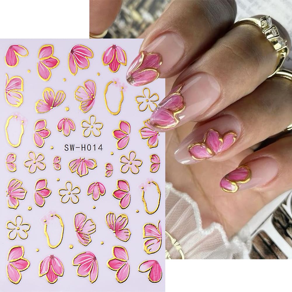 Pink Flower Nail Art Stickers - 4PCS Spring Blossom 3D Self-Adhesive Nail Decals with Golden Edge for Women | DIY Manicure Supplies | Perfect for Valentine's Day, Spring Nail Decor & Party Nail Art