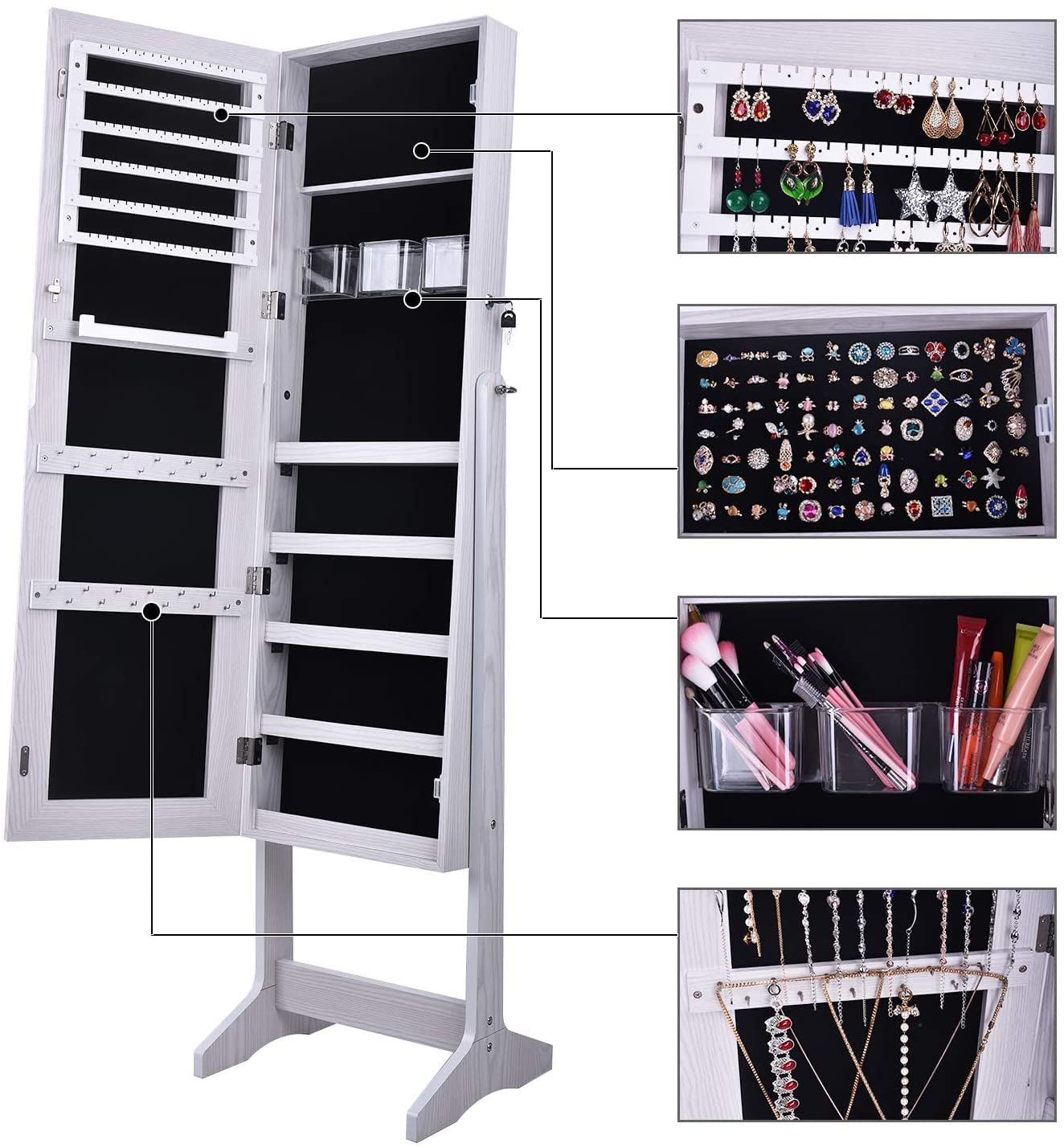 SogesPower Jewelry Storage Cabinet with Full Length Mirror - Wooden Jewelry Organizer with Lock, Hanging Jewelry Box & Makeup Storage Armoire - Perfect Gift for Wives, Brides & Women (Bedroom, Closet, Dressing Room Organization)