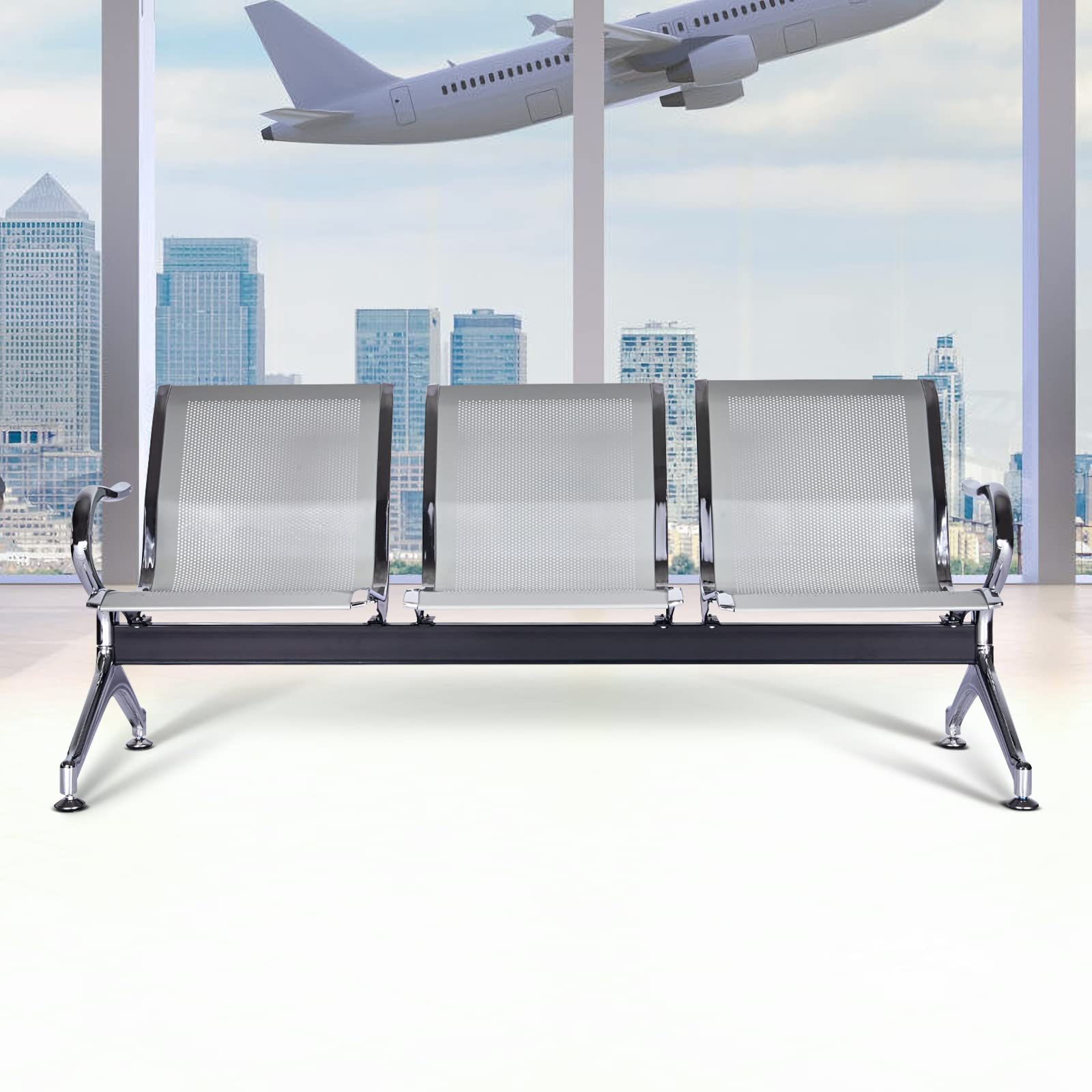 Premium Heavy Duty Waiting Room Chairs - 3-Seater Reception Guest Chairs for Hospitals, Offices, Salons & Barber Shops (Silver) - Durable Seating Solution for High-Traffic Areas