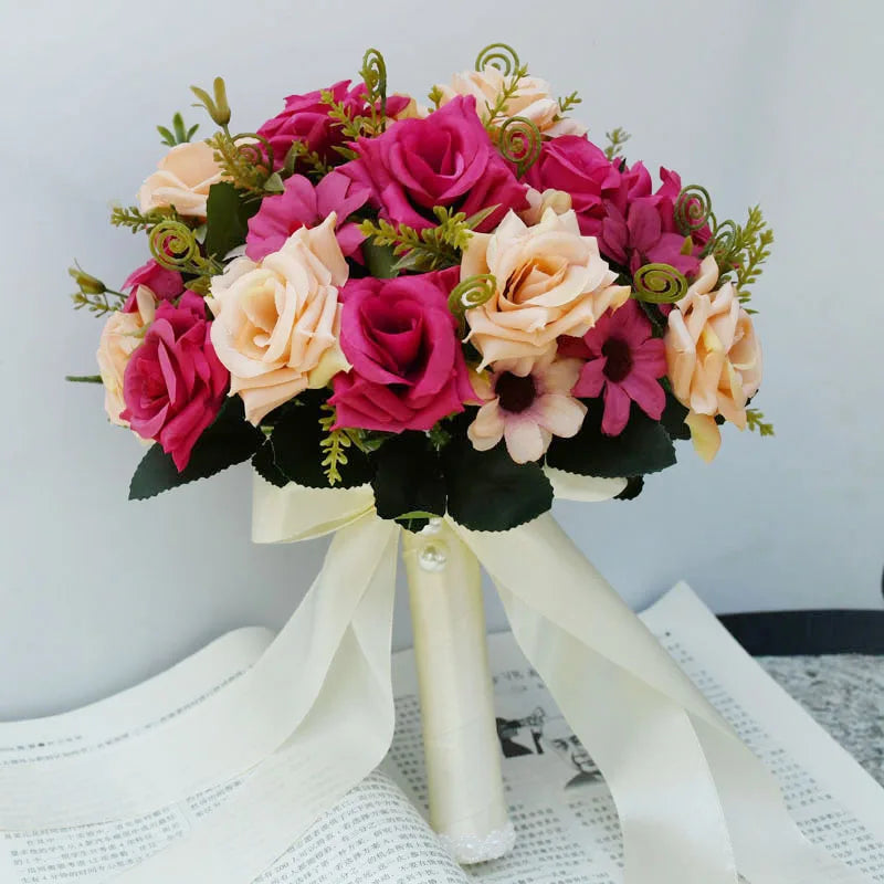Artificial Silk Rose Wedding Bouquet with Satin Ribbon - Elegant Bridal Bouquet for Wedding, Bridal Shower, Anniversary & Home Decor