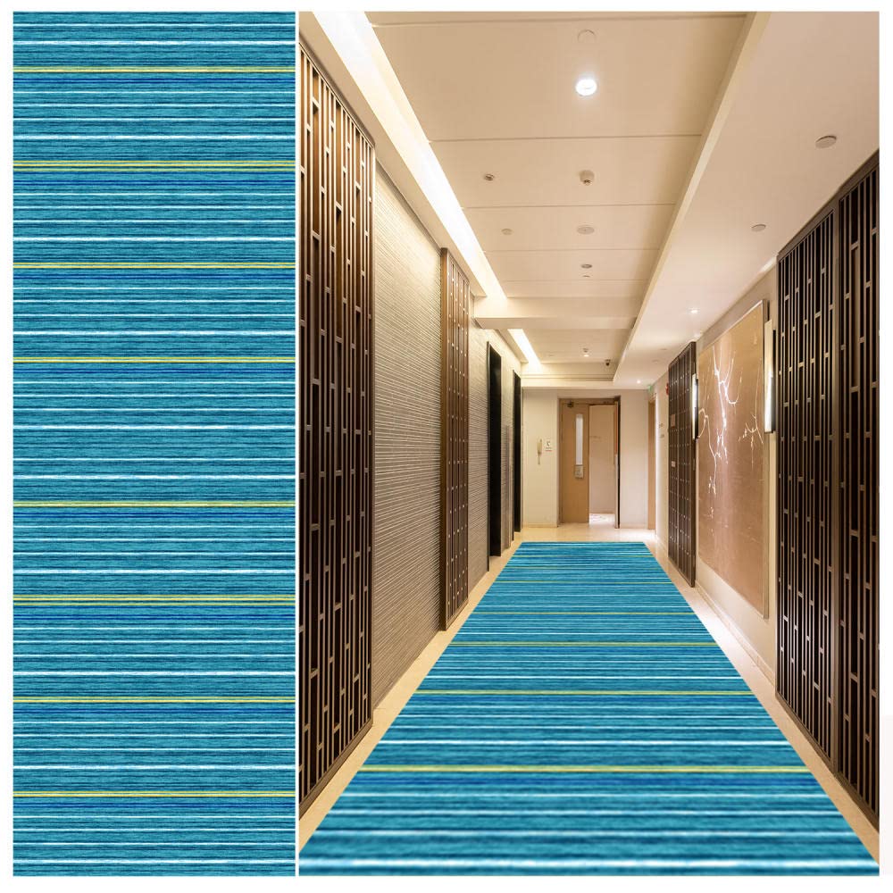 Non-Slip Washable 3.3' x 17' Hallway Runner Rug with Rubber Backing - Stain Resistant Blue Abstract Line Design for Kitchen, Living Room, Bedroom & Entryways - Perfect for High Traffic Areas & Home Decor Accent