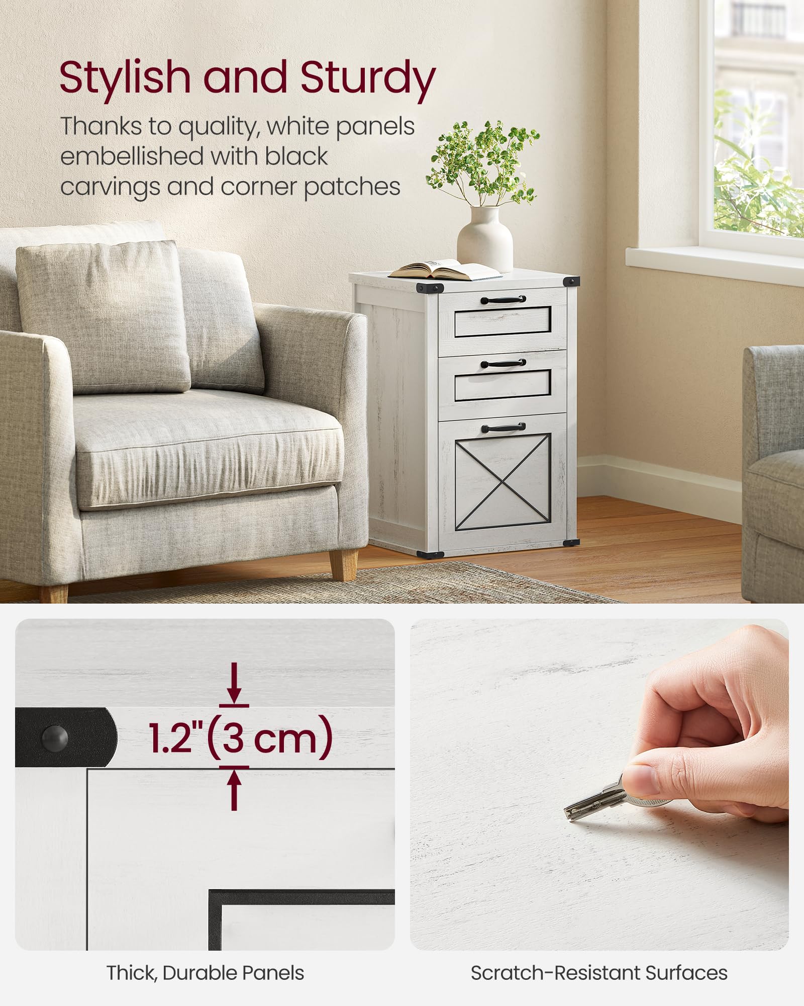 VASAGLE 3-Drawer File Cabinet with Printer Stand - A4 & Letter Size Hanging File Folders - Modern Farmhouse Style Rustic White for Home Office Organization - Perfect for Document Storage and Workspace Setup