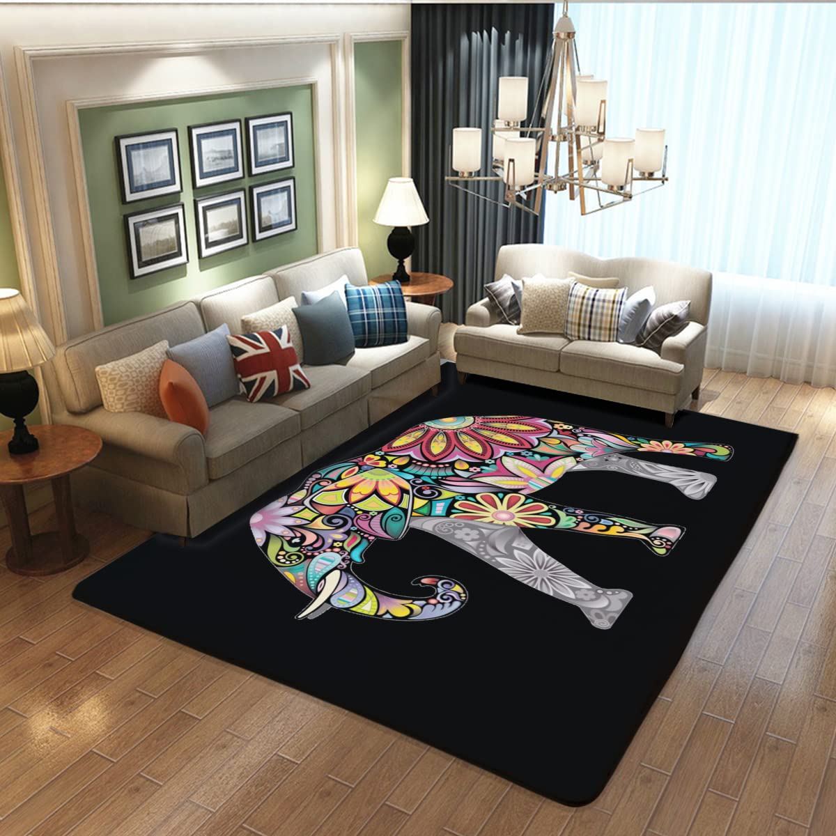 RUI＆TONG African Elephant Area Rug - 39x60 Inches Black Durable Animal Print Rug for Living Room, Bedroom Decor - Perfect for Bohemian Style Homes & Nursery Accent