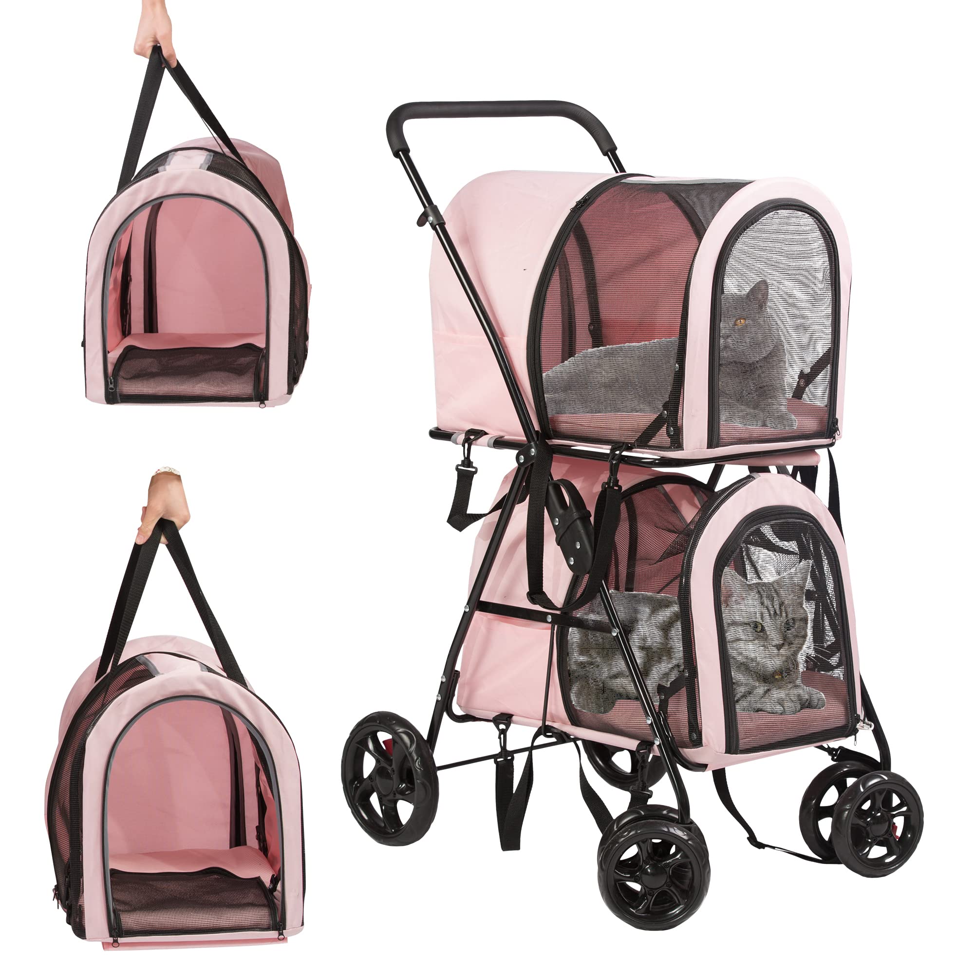 Double Pet Carrier with 2 Detachable Bags - Foldable Cat & Dog Stroller with Lockable Wheels & Safety Belt - Portable Travel Carrier for Small & Medium Pets (Pink) - Perfect for Vet Visits, Air Travel & Outdoor Adventures