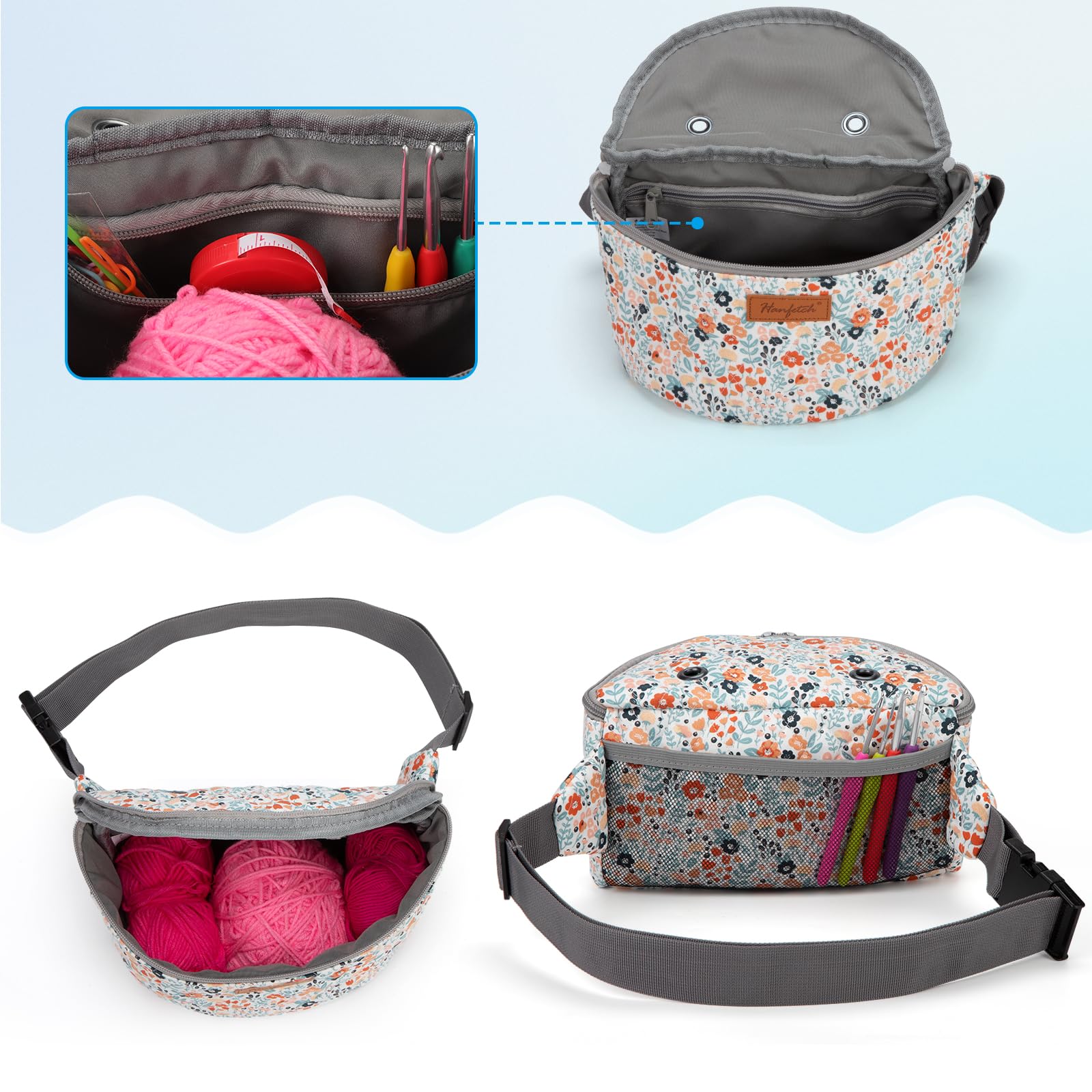 Yarn Crossbody Waist Bag - Small Yarn Storage Organizer for Crochet Hooks & Accessories - Daisy Pattern - Perfect for Knitting, Crocheting & Crafting On-The-Go